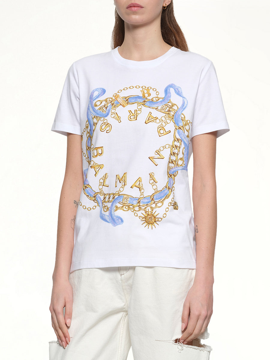 Balmain Paris Chain T-Shirt in White/Blue/Gold