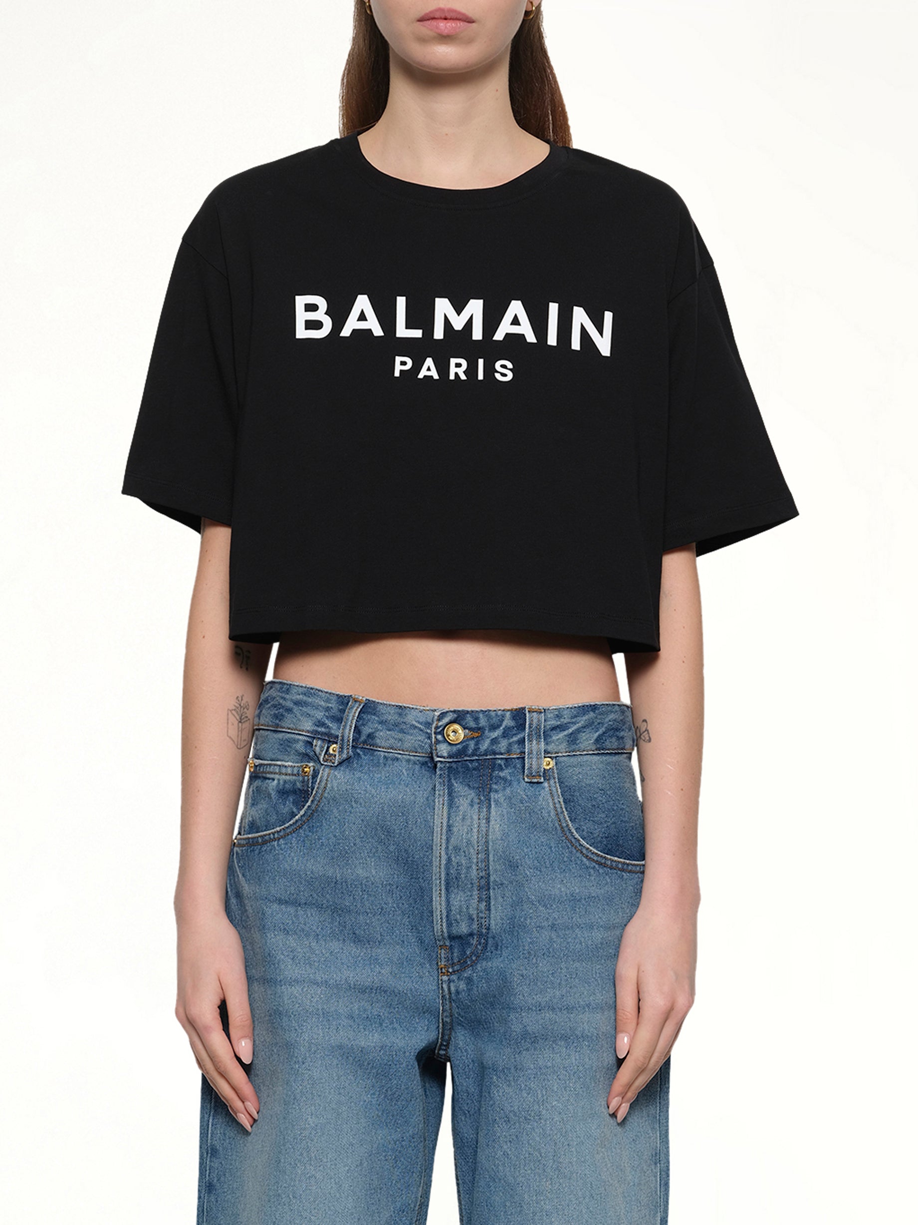 Cropped Print Logo Eco T-Shirt in Black
