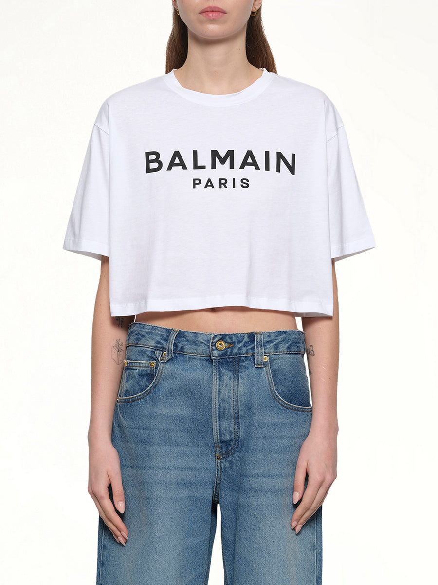 Logo Print Cropped T-Shirt in White/Black