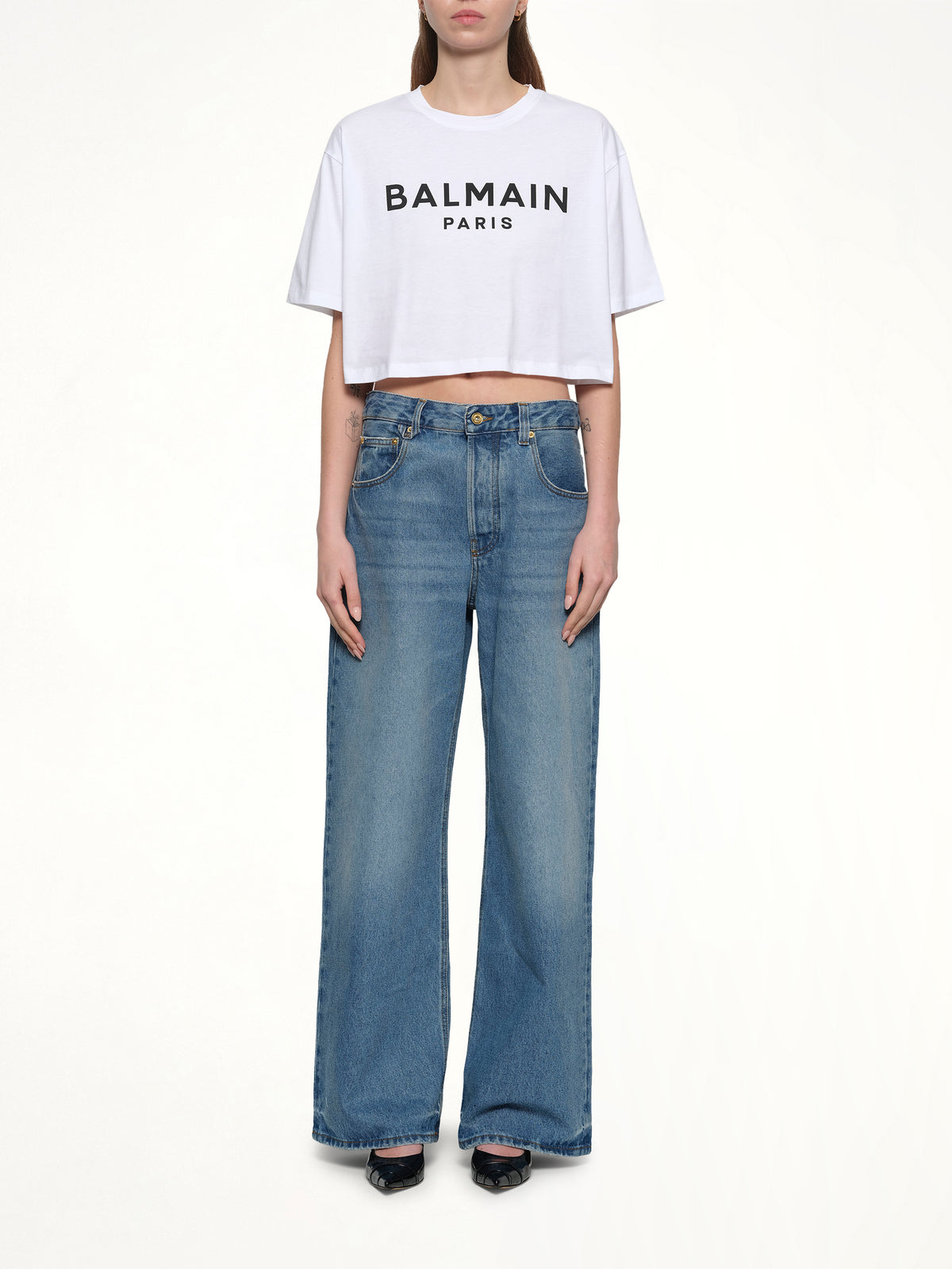Logo Print Cropped T-Shirt in White/Black