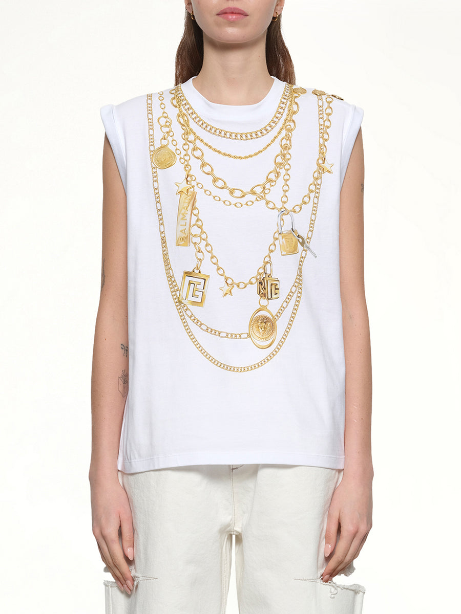 Trompe L'Oeil Necklace Print Tank Top in White/Gold
