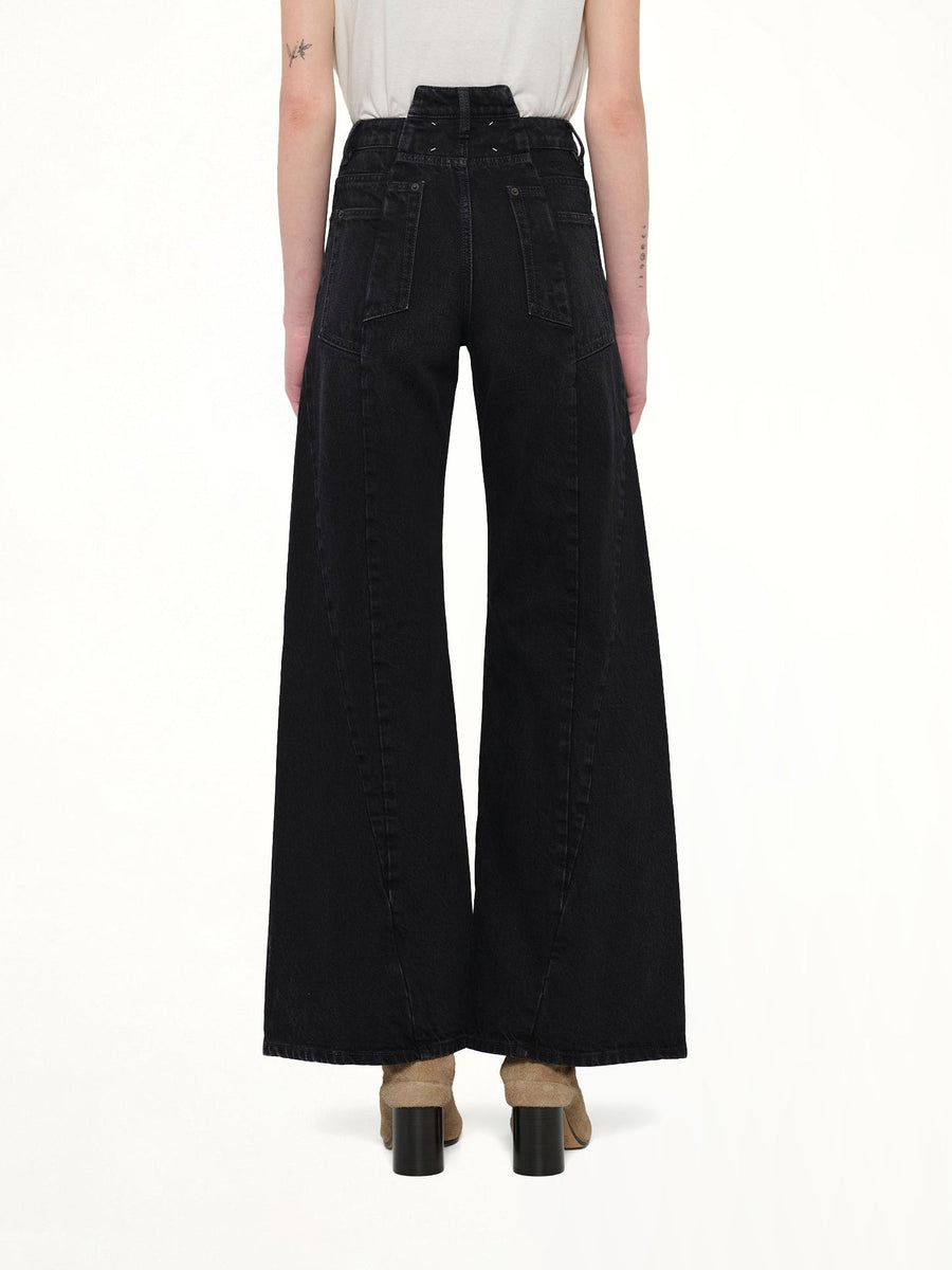 Cut Out Waistband Relaxed Fit Denim Jeans in Washed Black