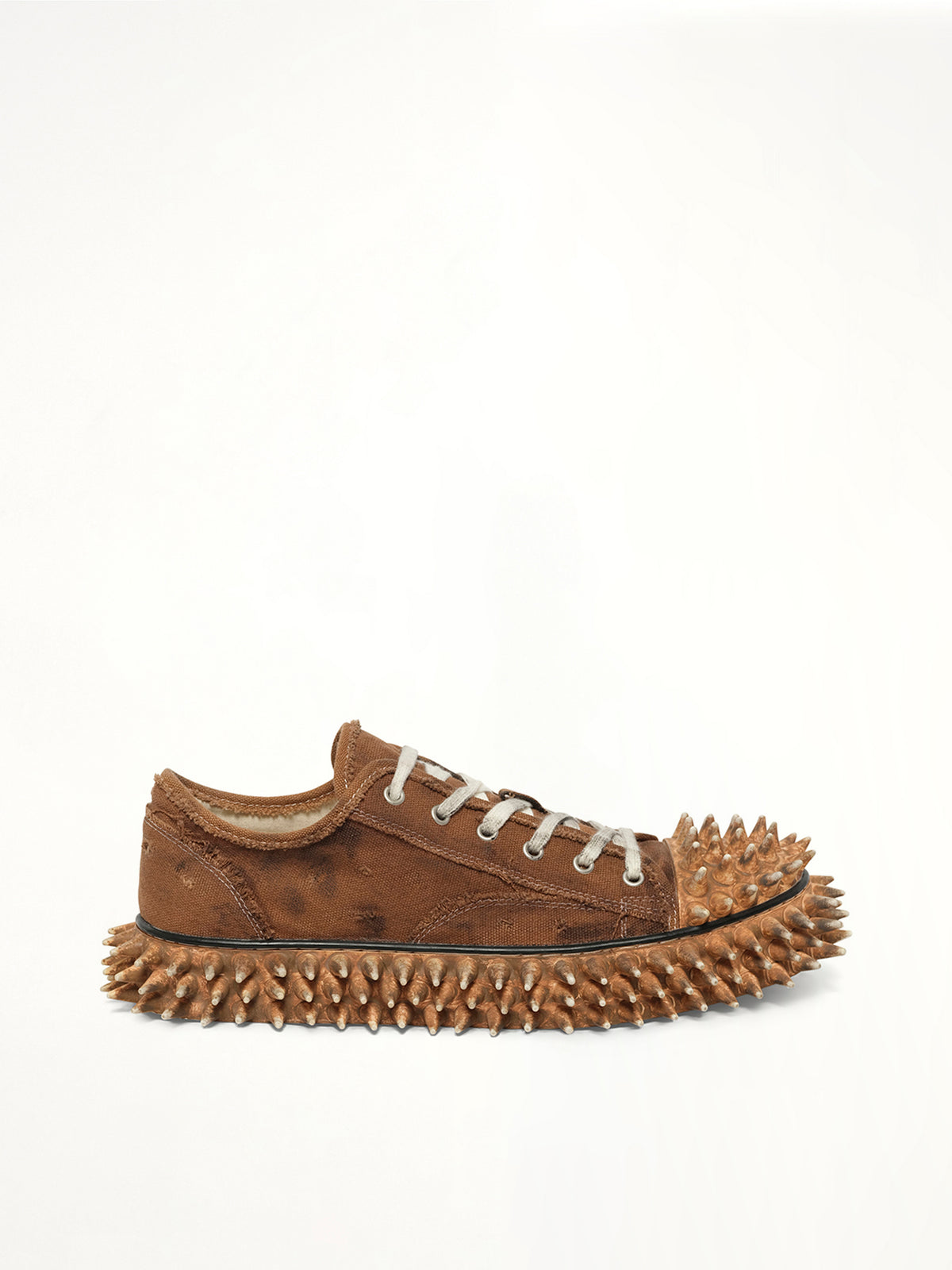 Dirty Spike Toe  Cap Canvas Sneaker in Brown Side View | DOUBLET