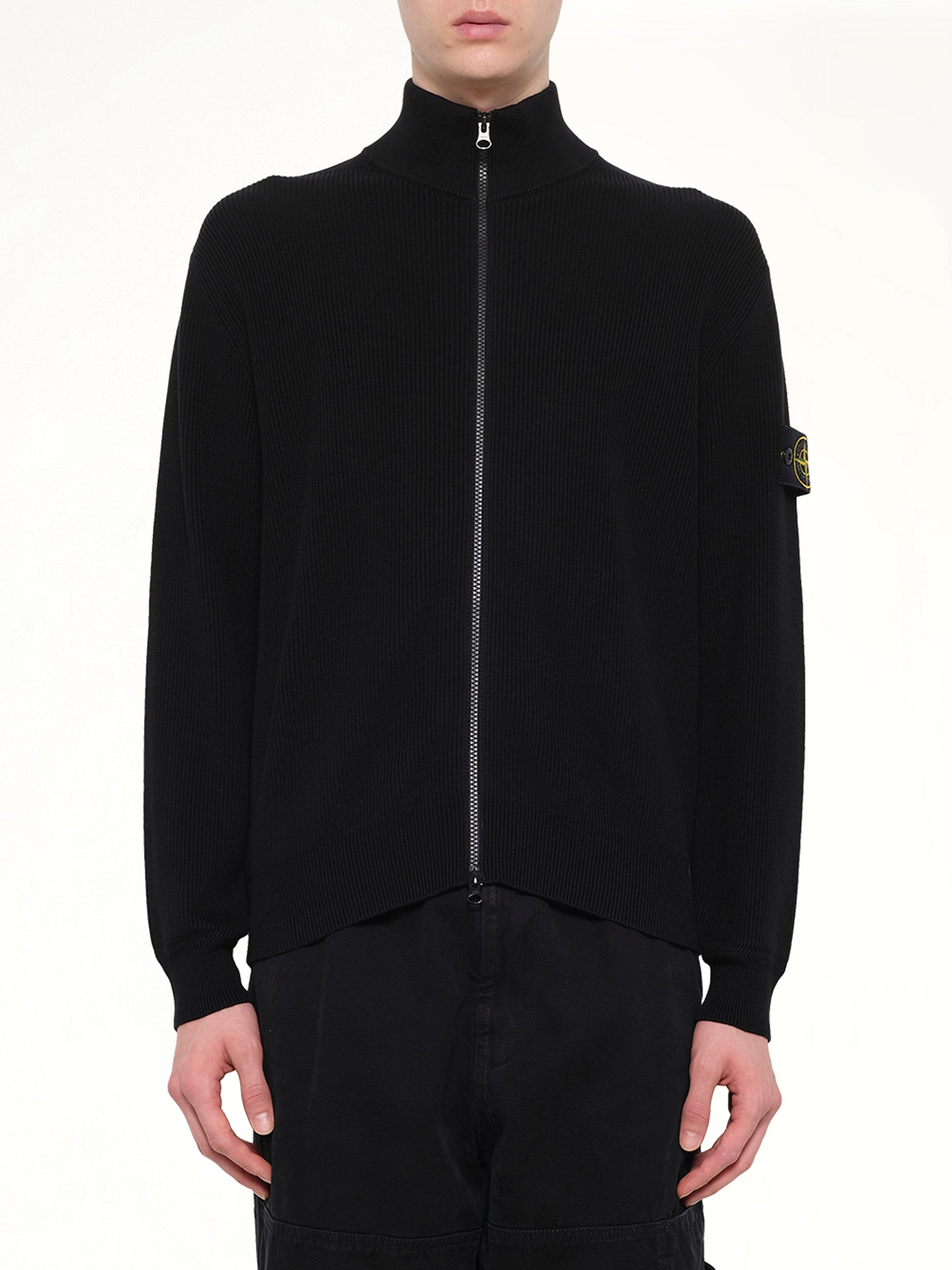 5100126 Ribbed Cotton Zip-Up Cardigan in Black