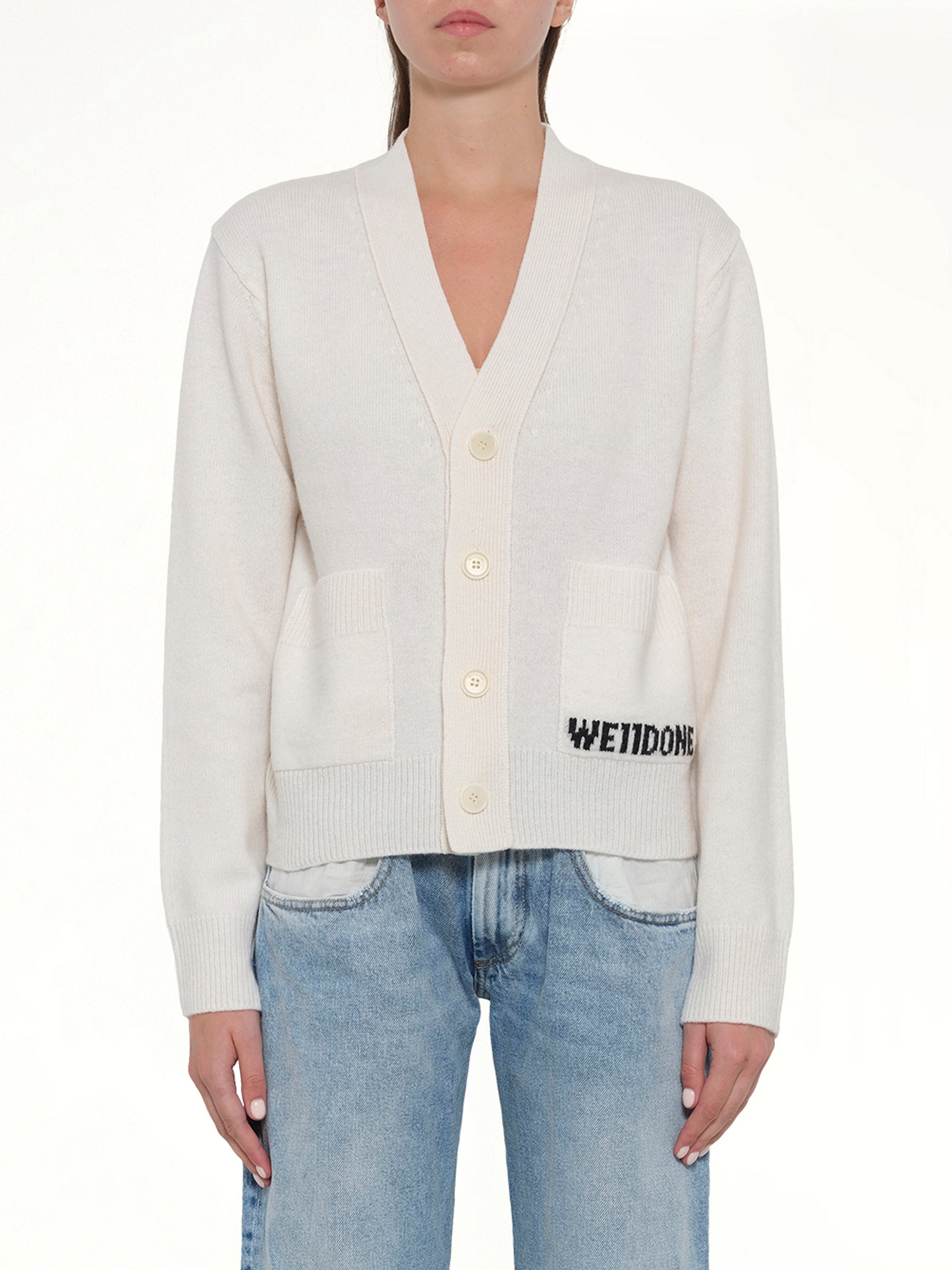 Pocket Logo Knit Cardigan in Ivory