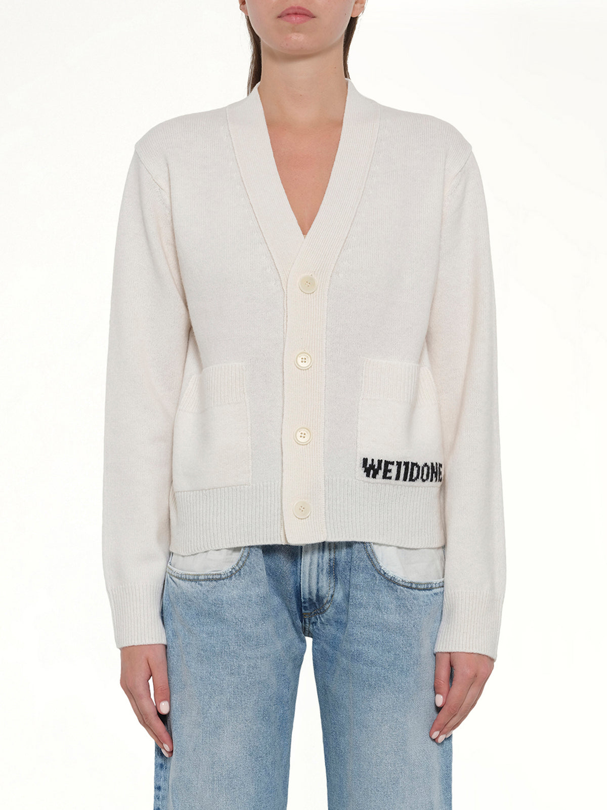 Pocket Logo Knit Cardigan in Ivory