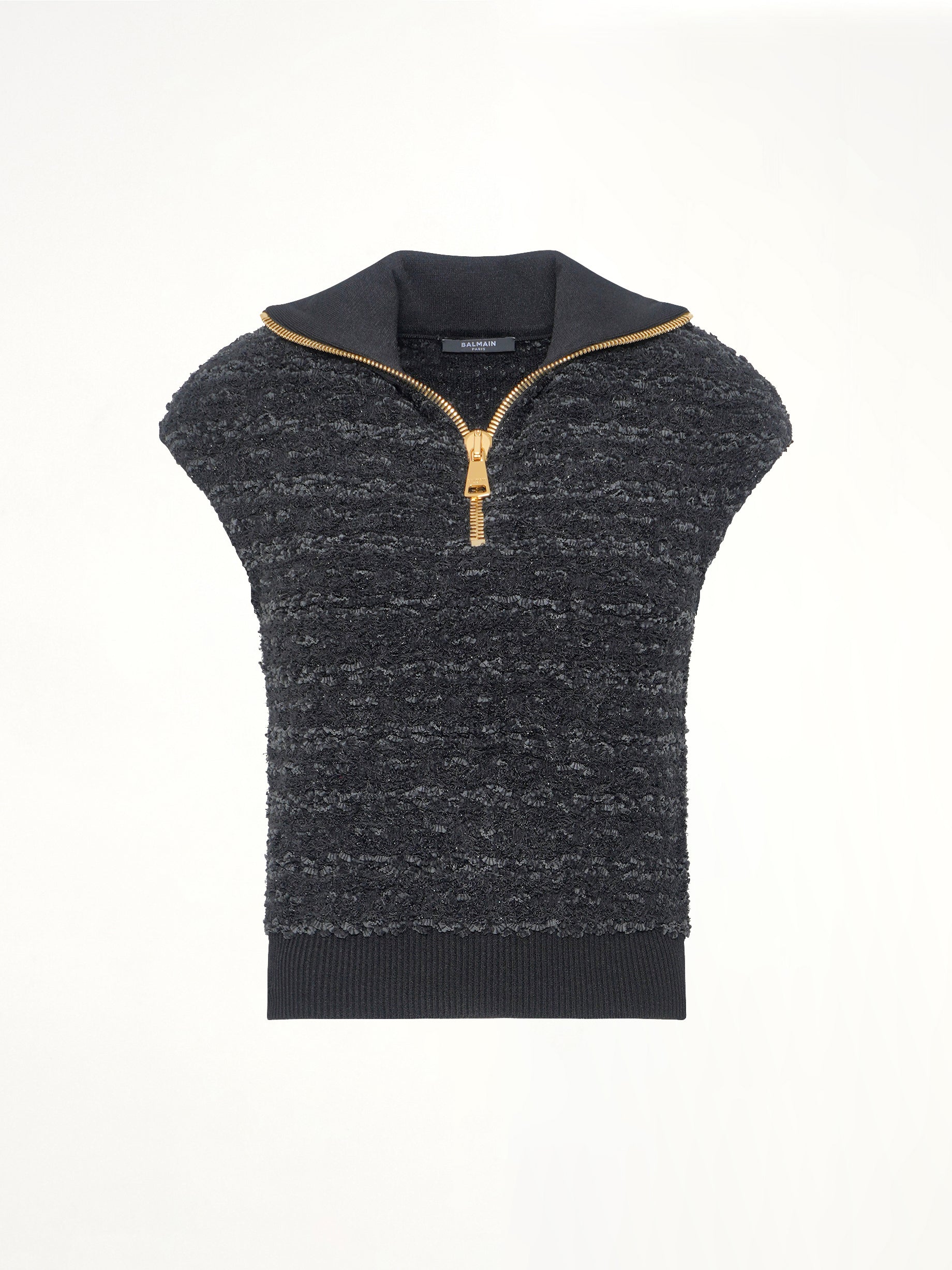 Zipped Short Sleeve Knit Tweed Top in Black