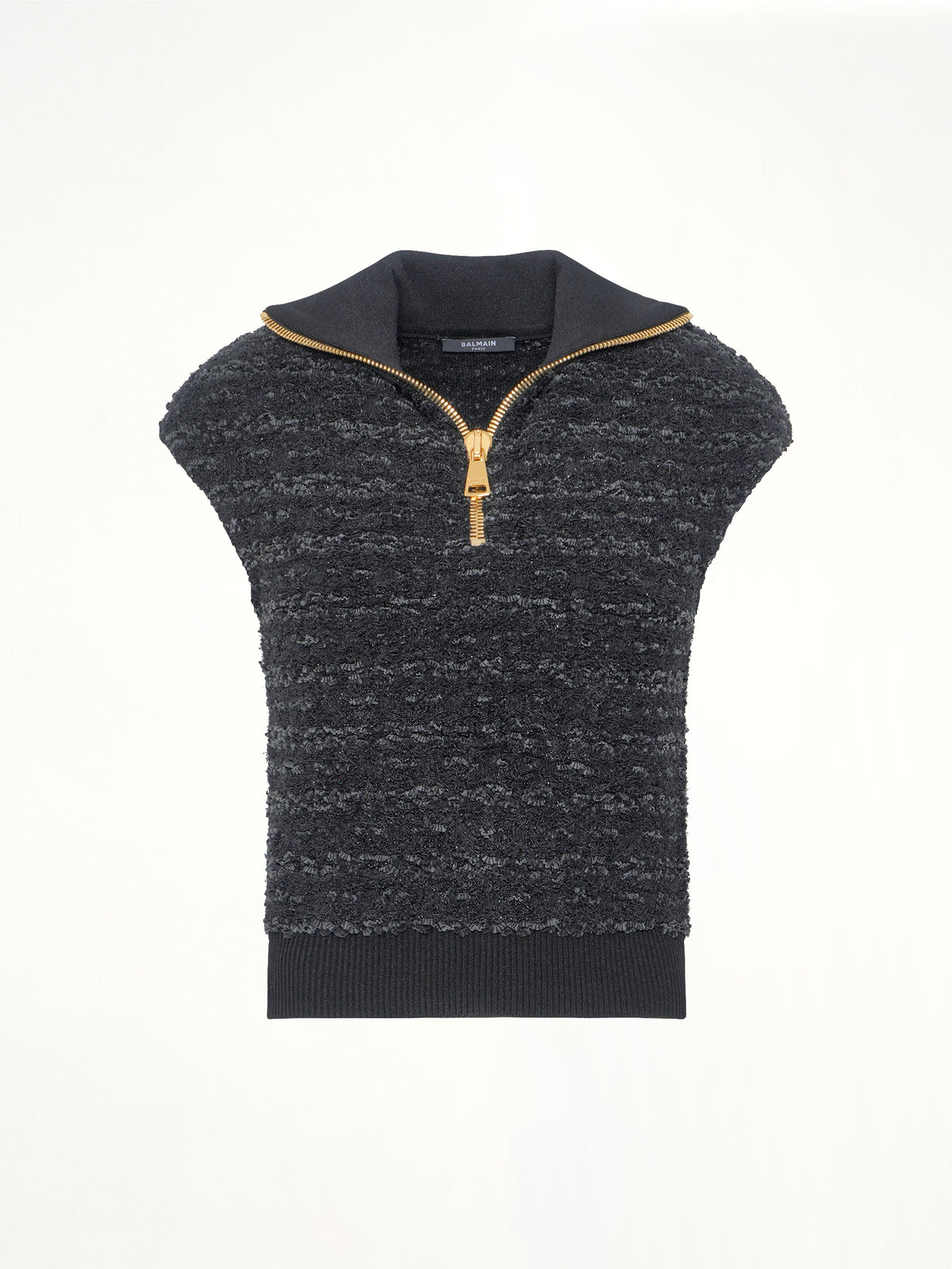 Zipped Short Sleeve Knit Tweed Top in Black