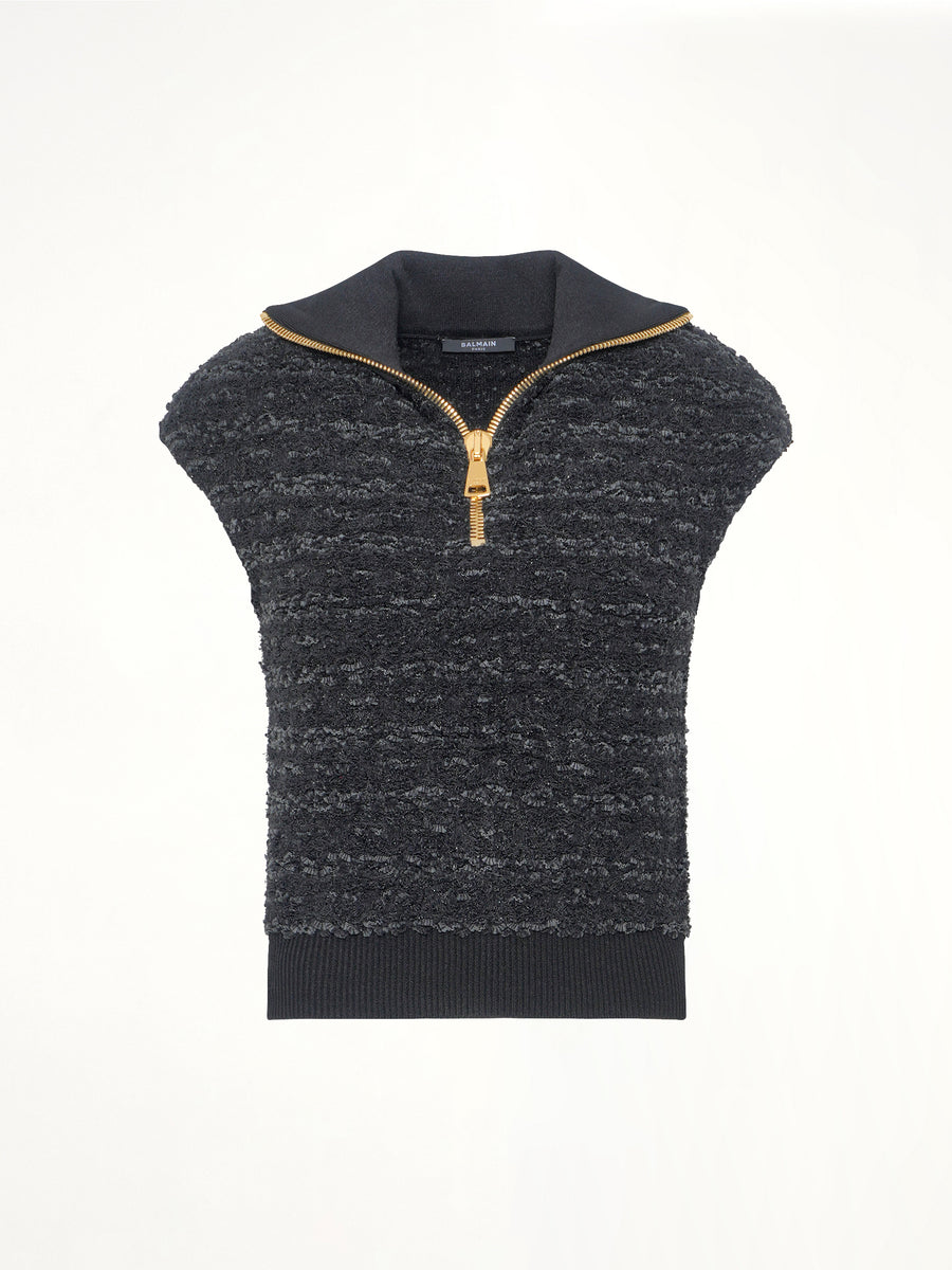 Zipped Short Sleeve Knit Tweed Top in Black