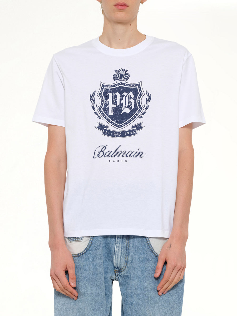 College Emblem Print T-Shirt in White/Blue