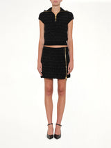 Zipped Short Sleeve Knit Tweed Top in Black