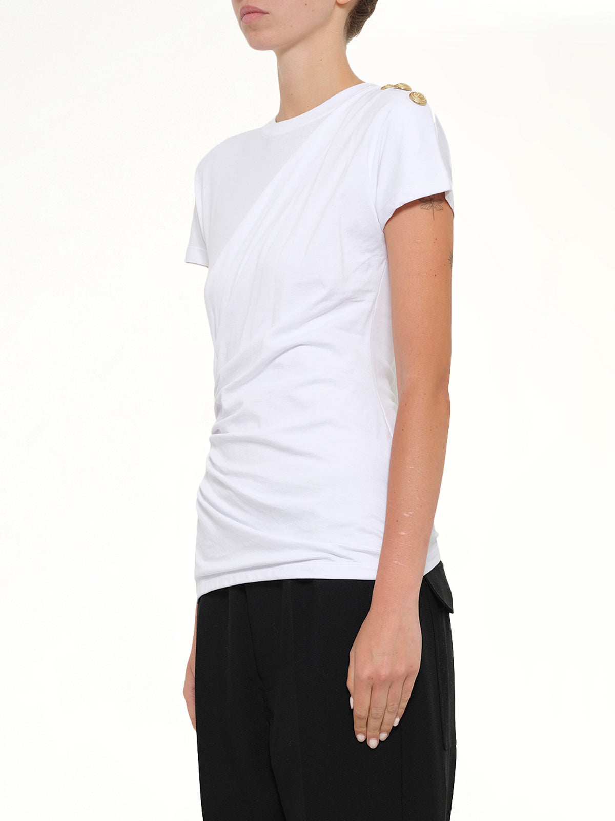 3 Buttons Knotted T-Shirt in White/Black