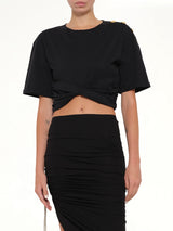 Cropped Knotted T-Shirt in Black/Beige