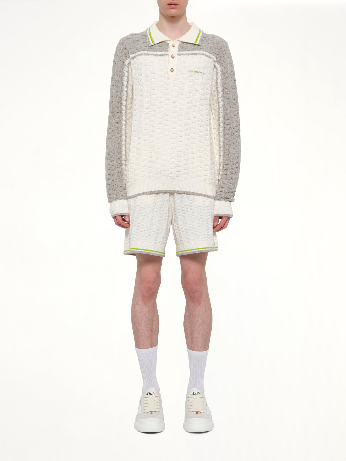 Tennis Boucle Long Sleeve Polo Shirt in White