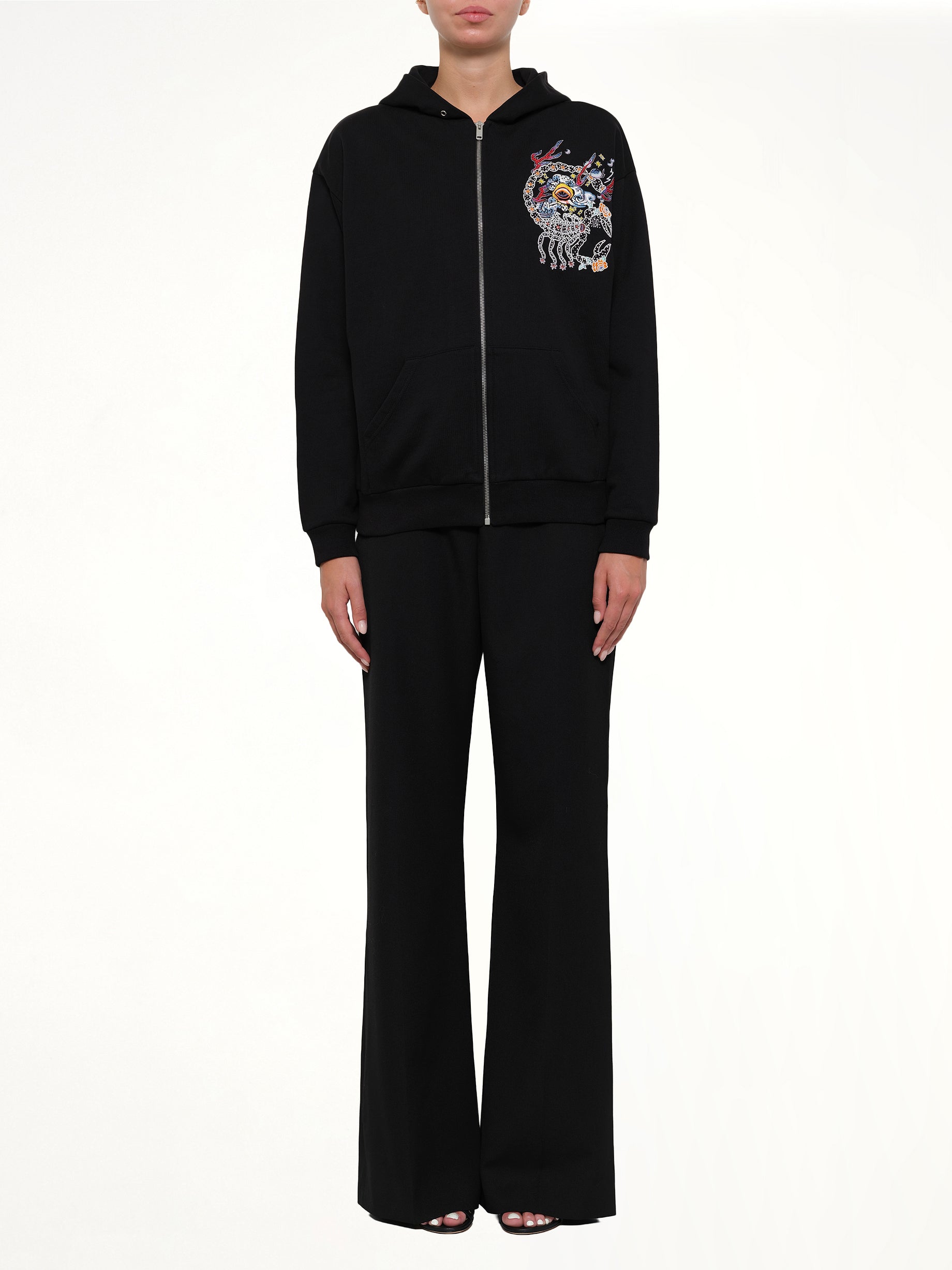 Embroidered Zip Hoodie in Black