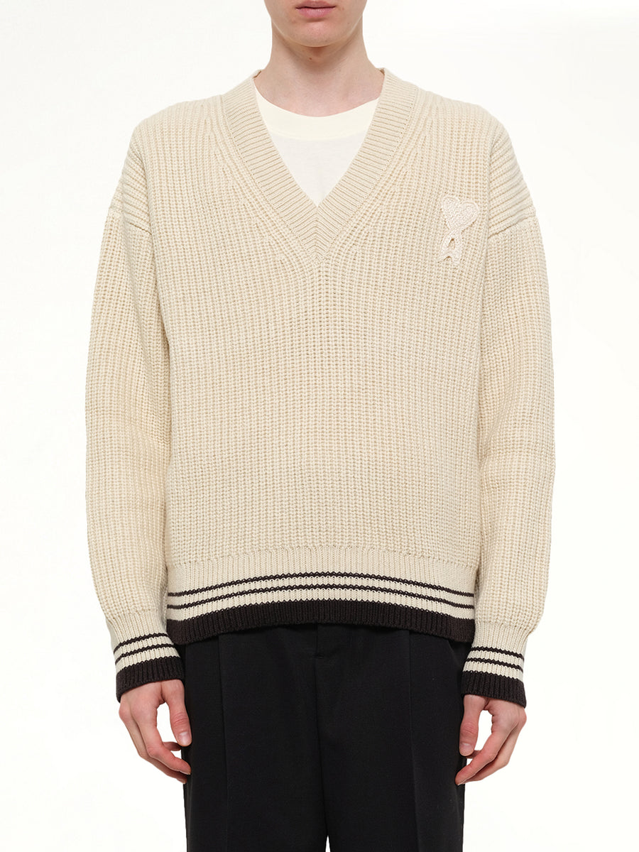 Ami De Coeur V Neck College Sweater in Off White