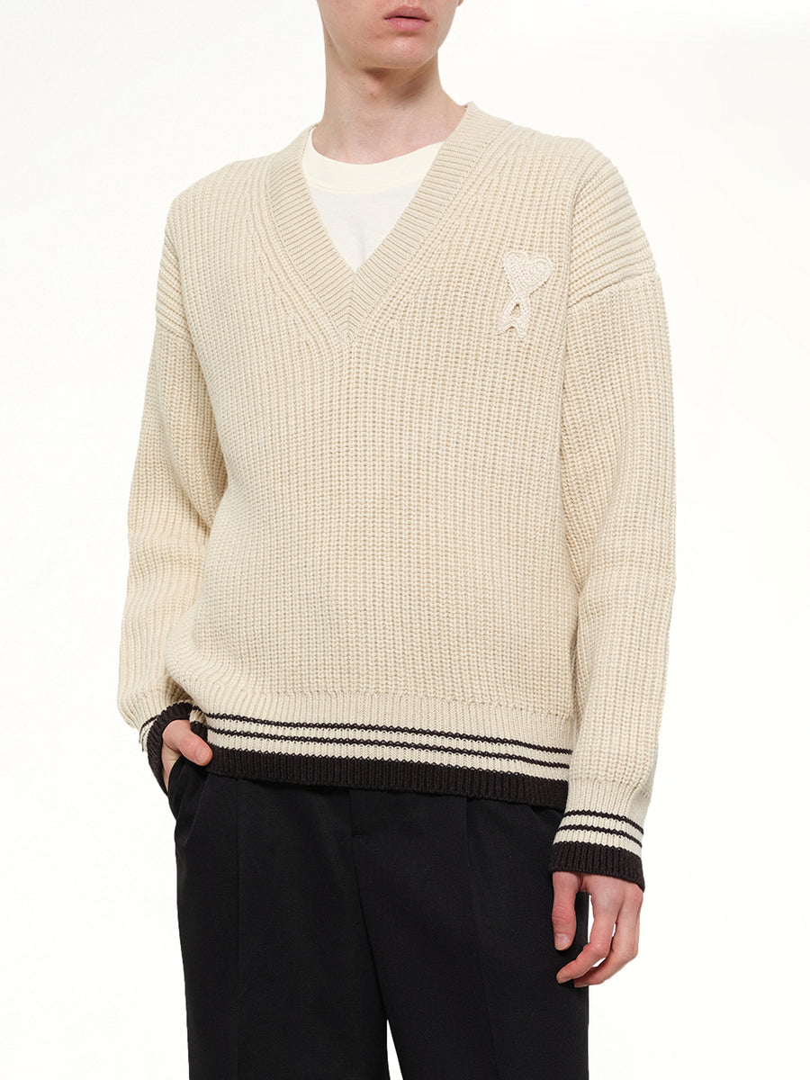 Ami De Coeur V Neck College Sweater in Off White