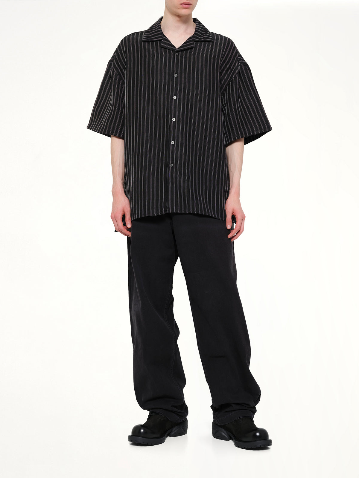Camp Collar SS Shirt in Black/White Stripe