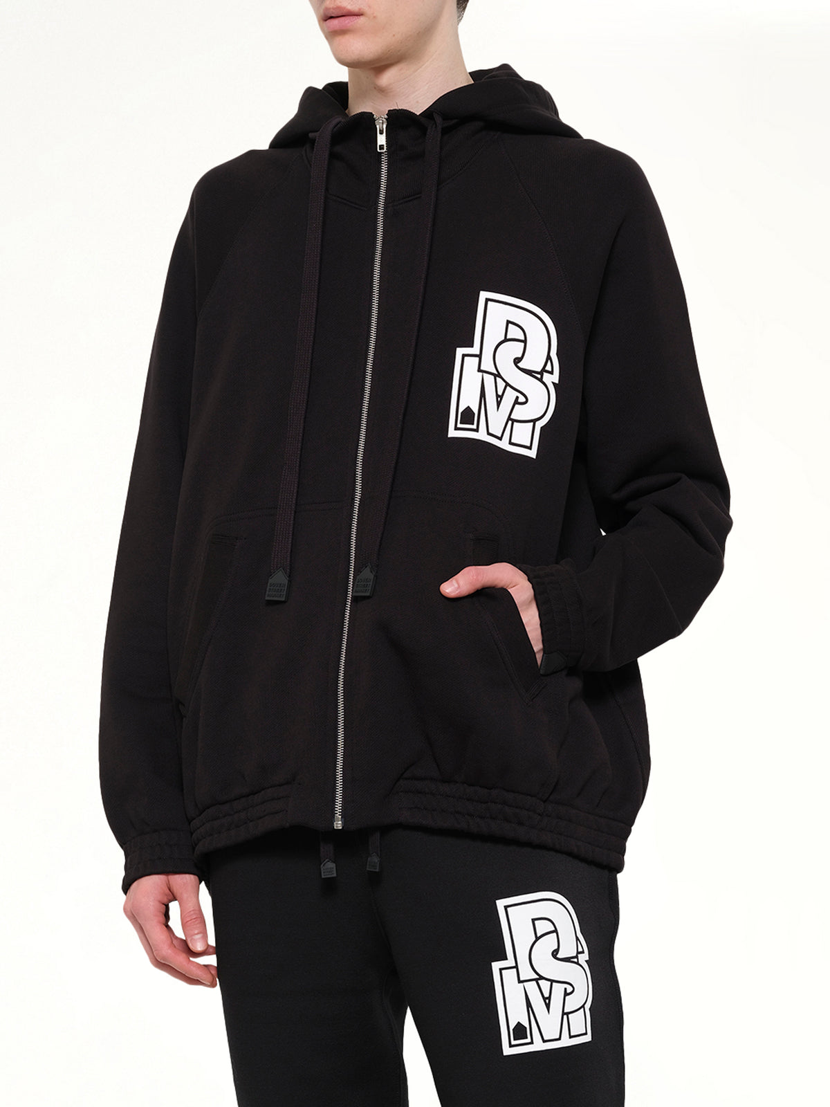 Pile Knit Zipped Hoodie in Black