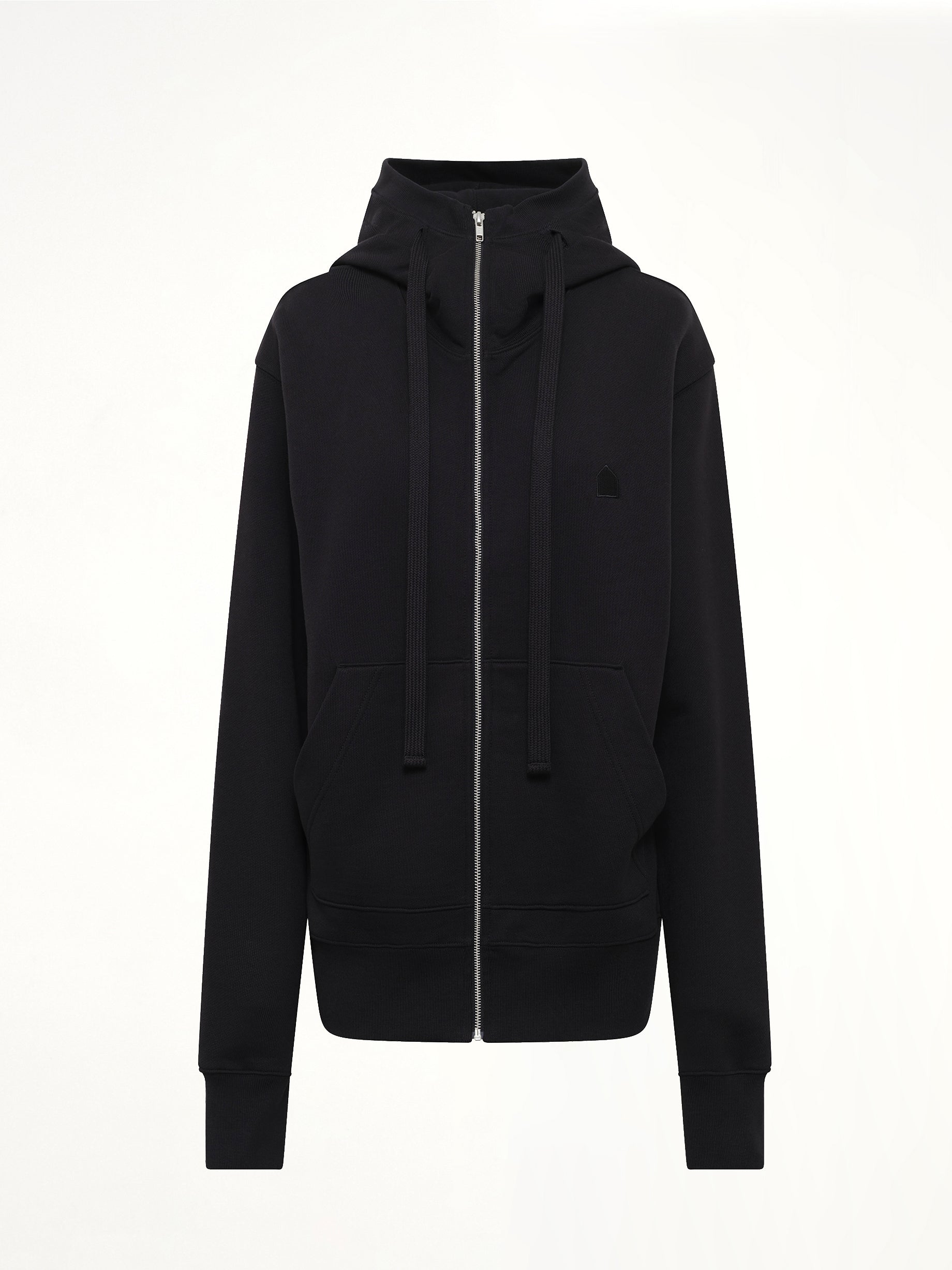 Hut Embroidery Zipped Knit Hoodie in Black