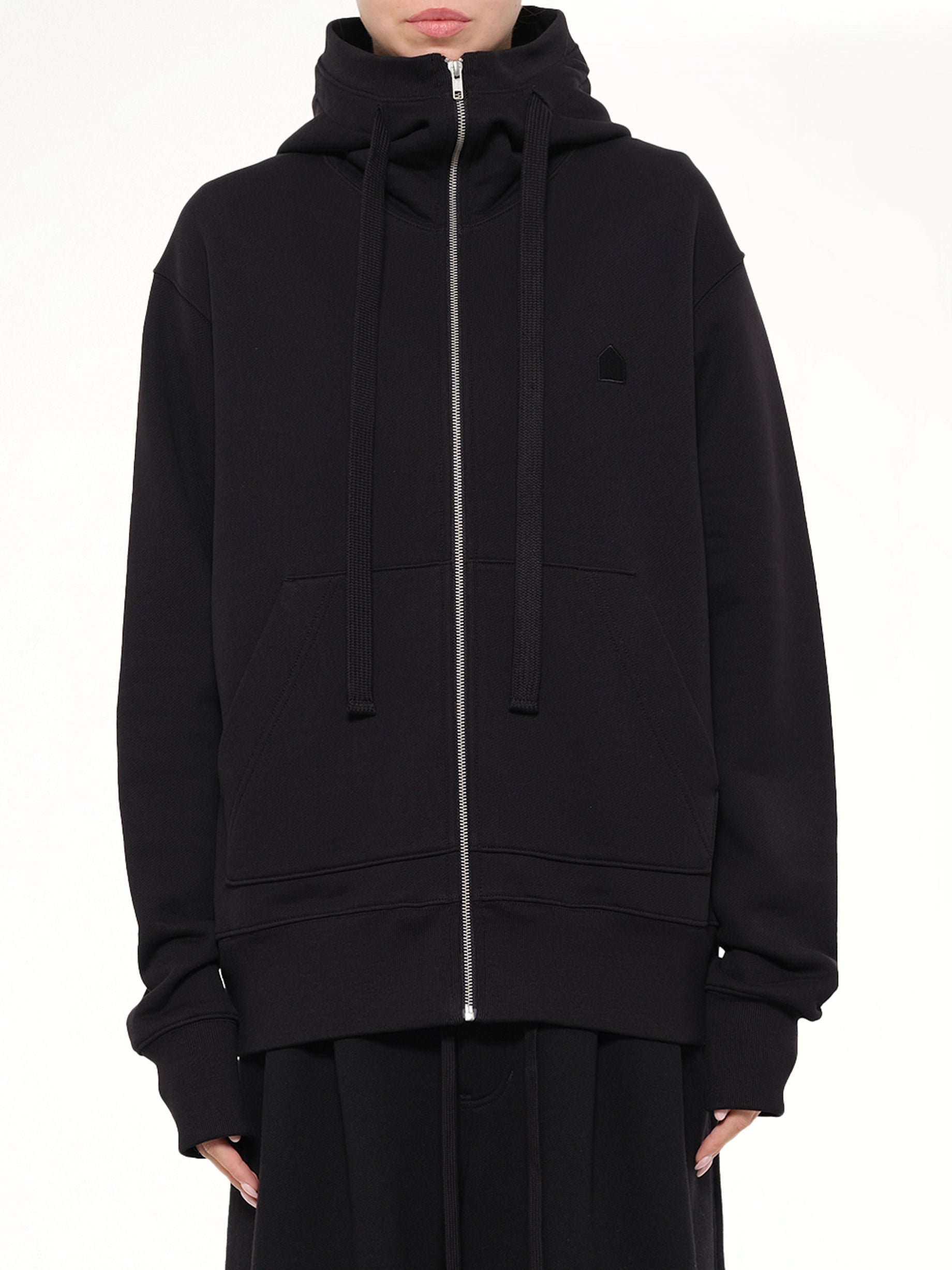 Hut Embroidery Zipped Knit Hoodie in Black