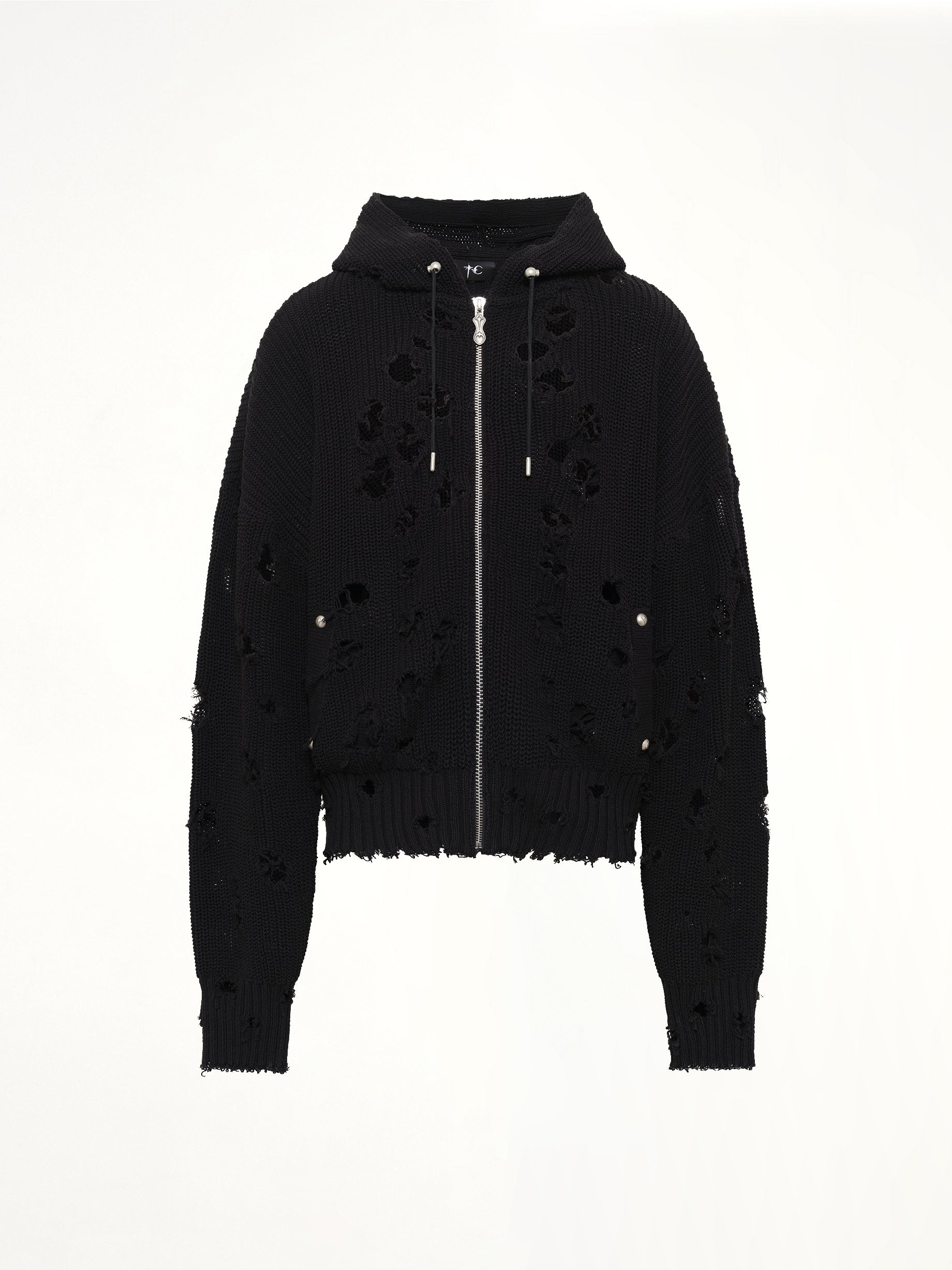 TC Destroyed Knit Zip-Up Hoodie in Black