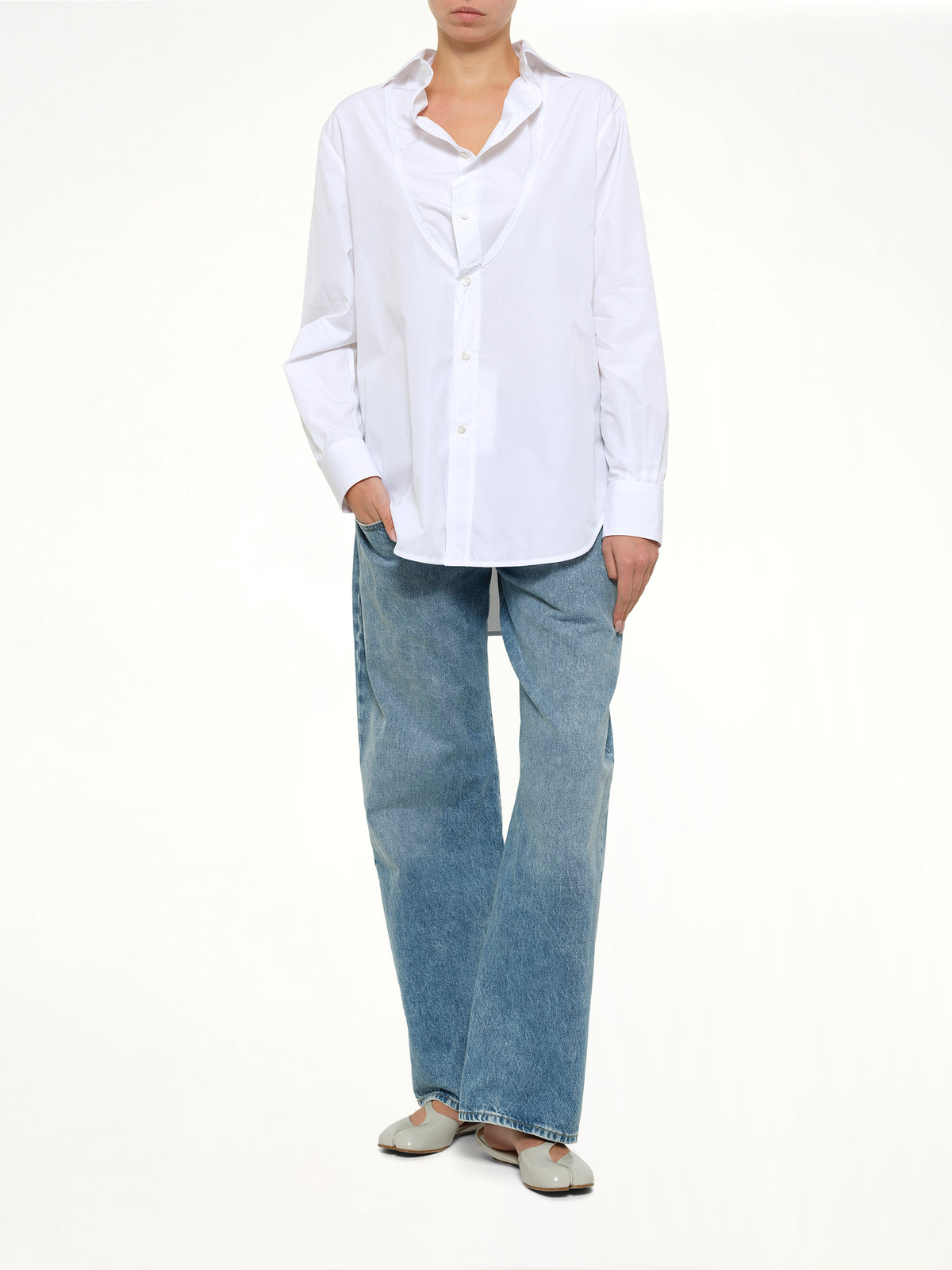 Open Neck Long Sleeve Shirt in White