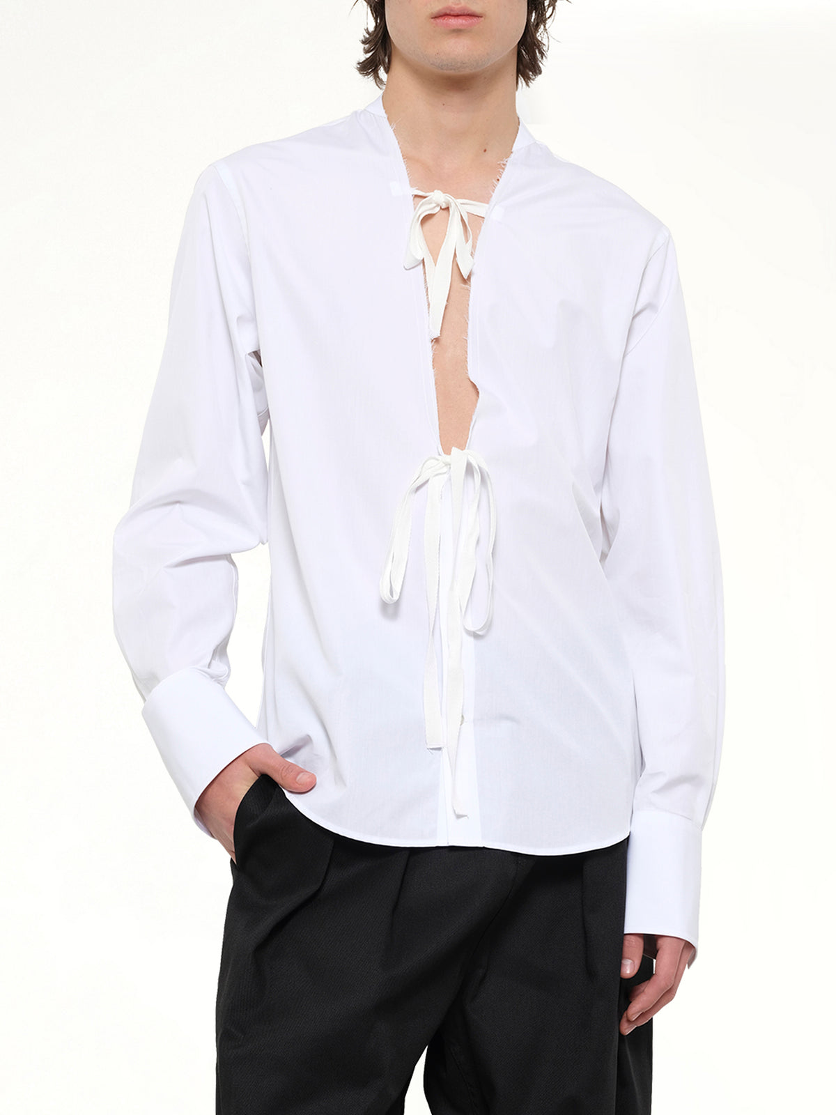 V Neck Long Sleeved Shirt in White