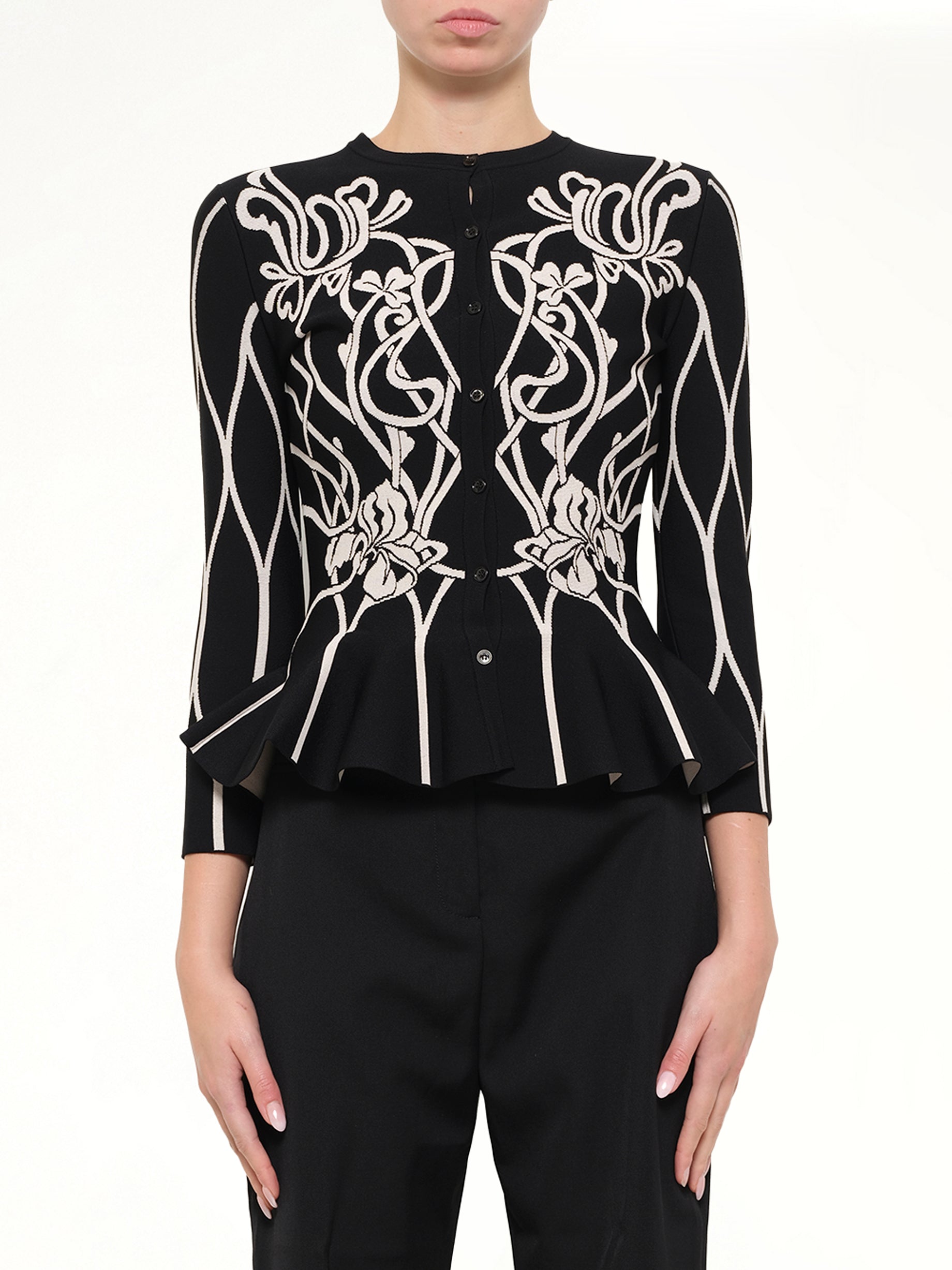 Embroidered Ruffle Cardigan in Black