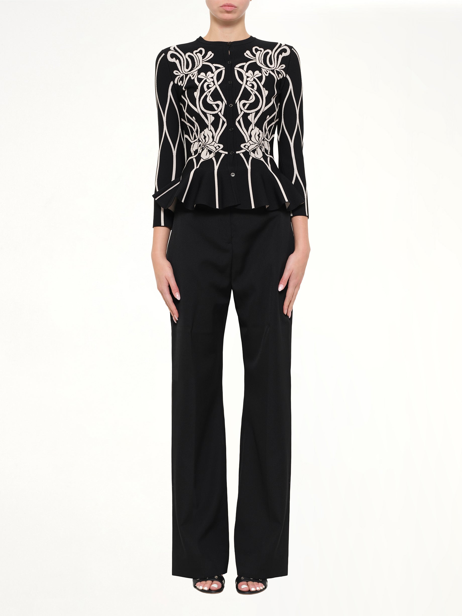 Embroidered Ruffle Cardigan in Black