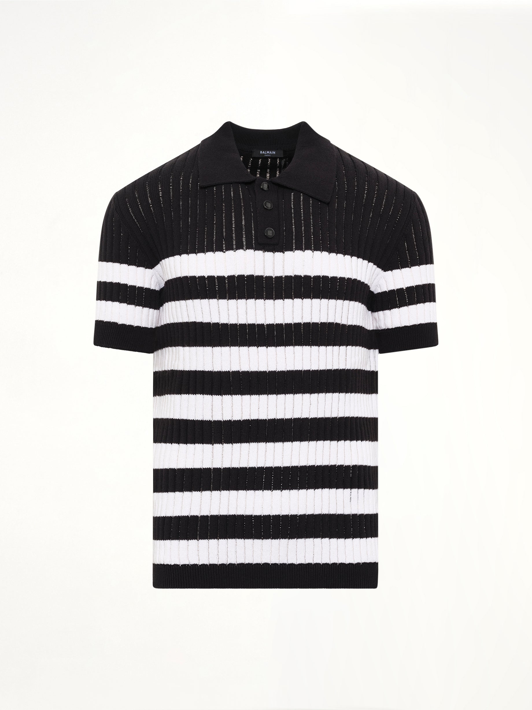 Mariniere Ribbed Cotton Knit Polo in Black/White
