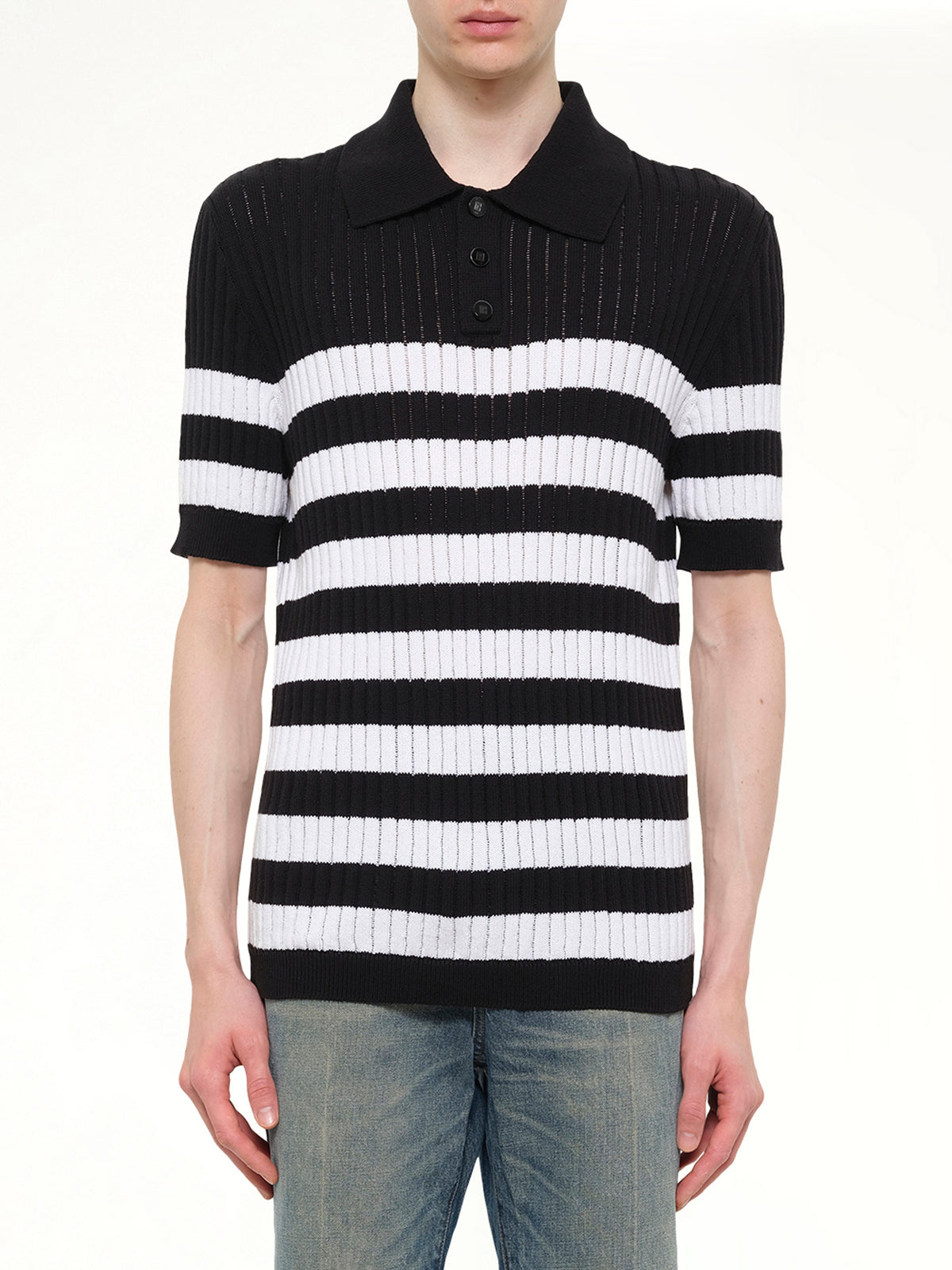 Mariniere Ribbed Cotton Knit Polo in Black/White