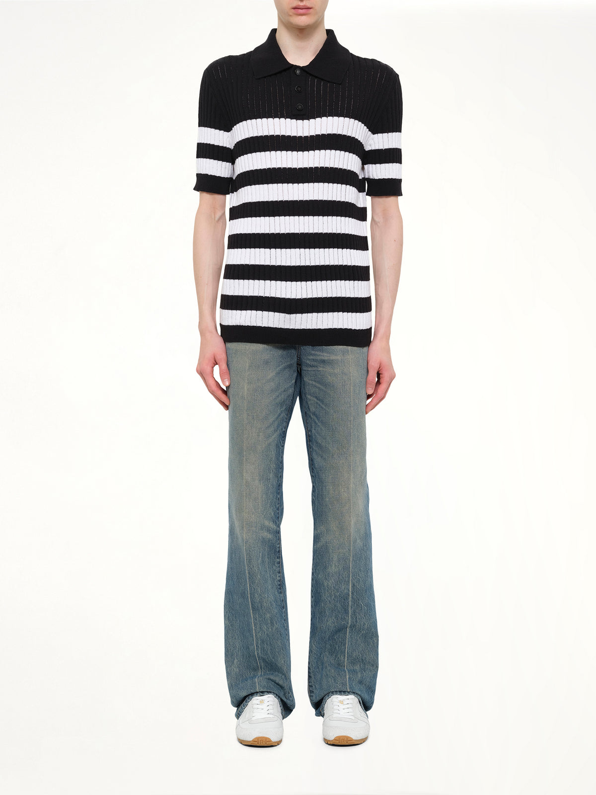 Mariniere Ribbed Cotton Knit Polo in Black/White