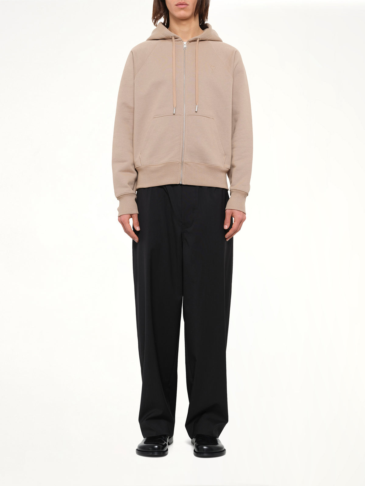 Embossed Ami De Coeur Zipped Hoodie in Beige