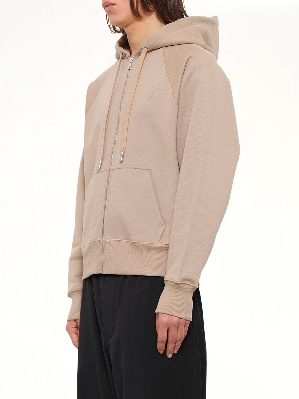 Embossed Ami De Coeur Zipped Hoodie in Beige