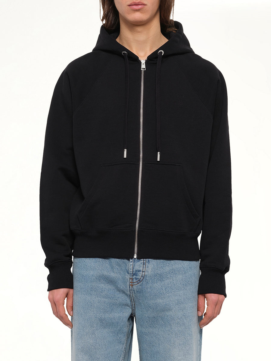 Embossed Ami De Coeur Zipped Hoodie in Black