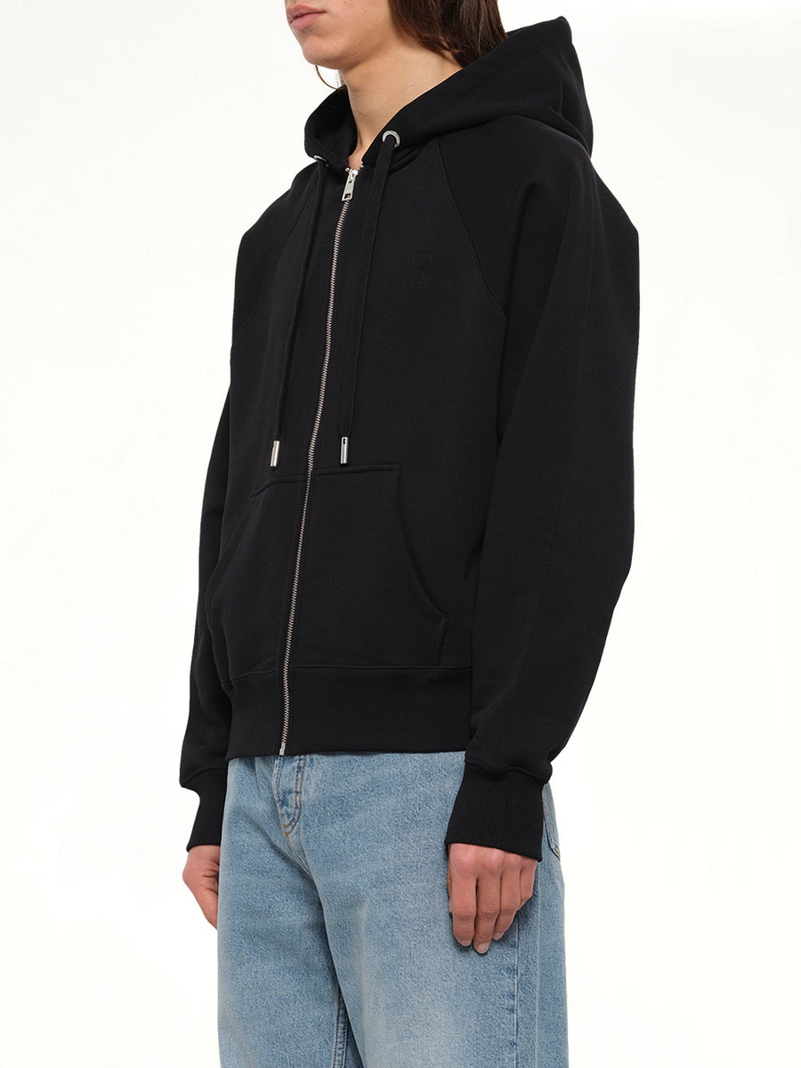 Embossed Ami De Coeur Zipped Hoodie in Black