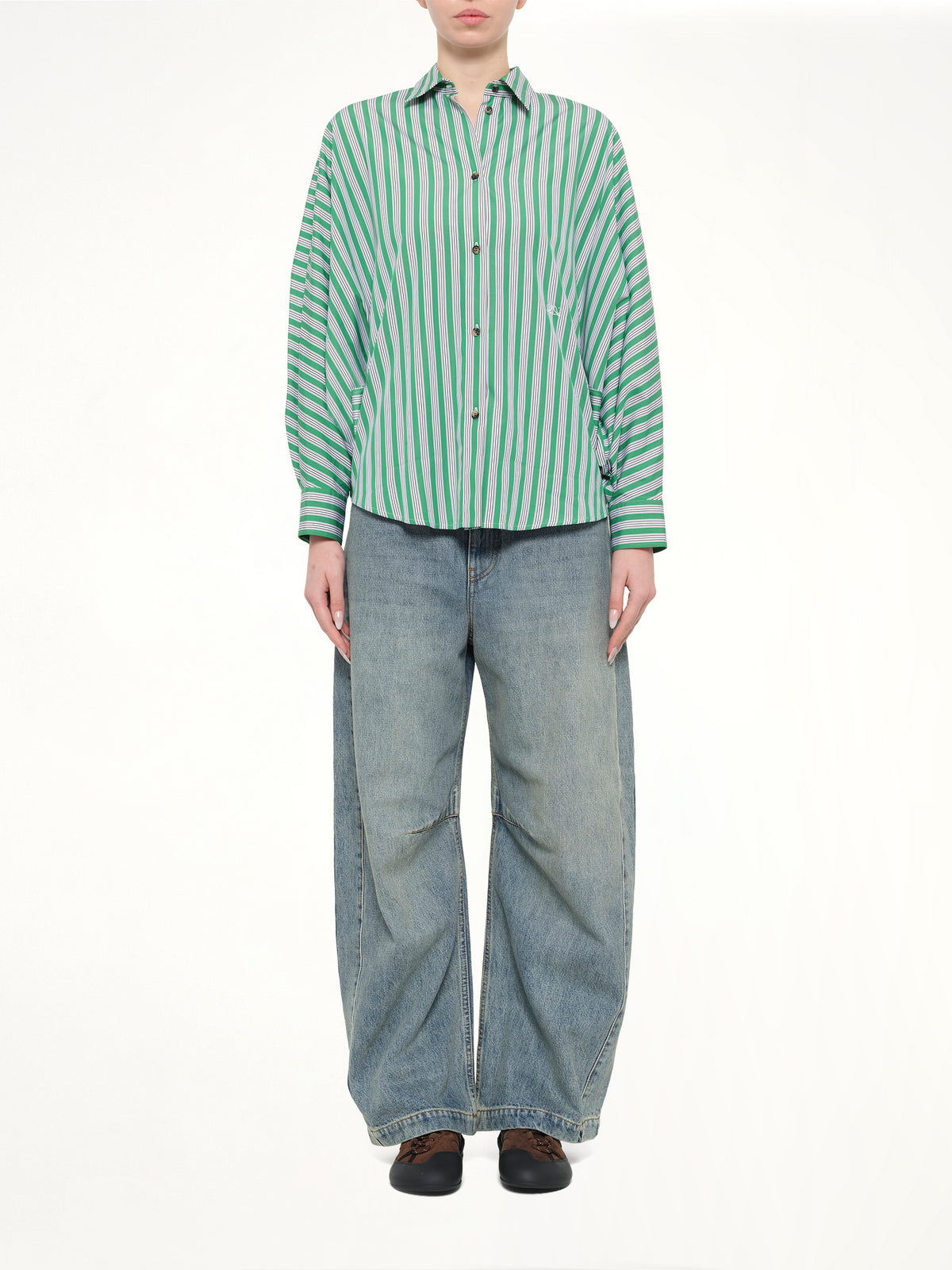 Striped Cotton Poplin Shirt in Green/White