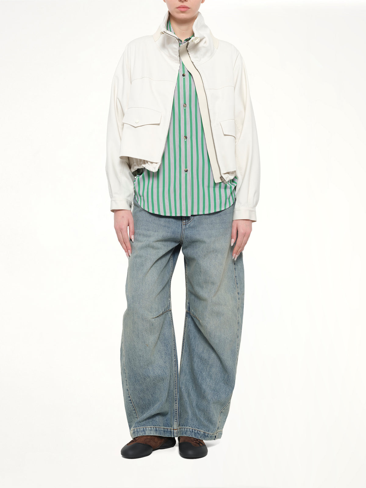 Striped Cotton Poplin Shirt in Green/White