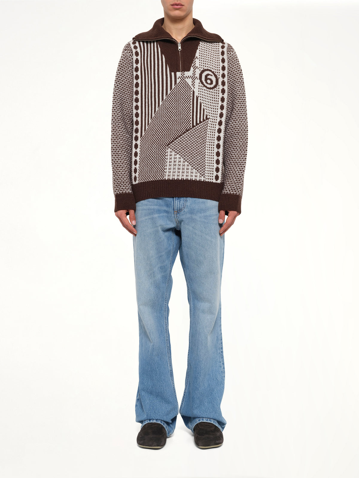 Jacquard Knit Polo in Brown/Off White