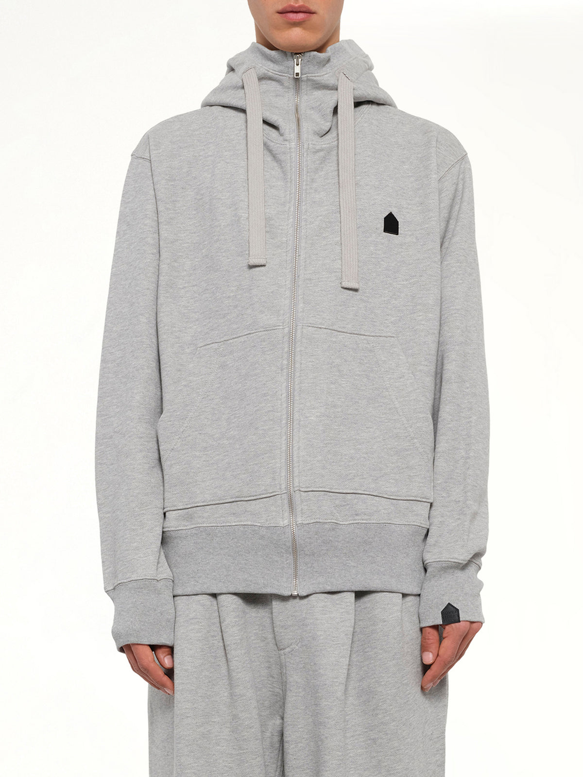 Hut Embroidery Zipped Knit Hoodie in Grey