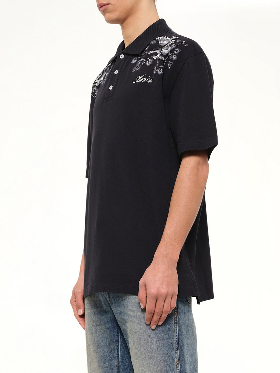 Floral Embroidered Polo in Black