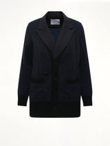 Double-Faced Herringbone x Wool Knit Cardigan in Navy