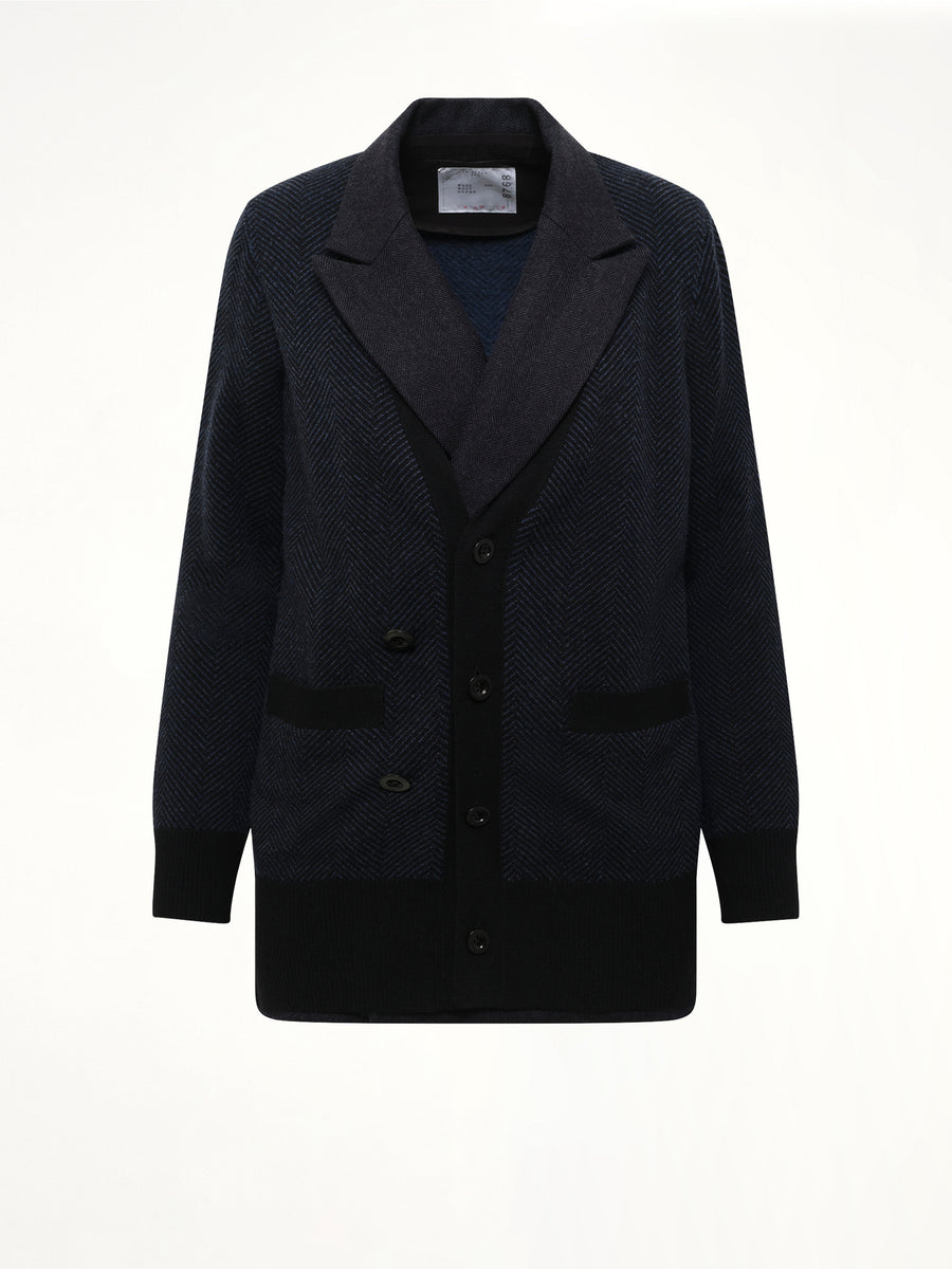 Double-Faced Herringbone x Wool Knit Cardigan in Navy