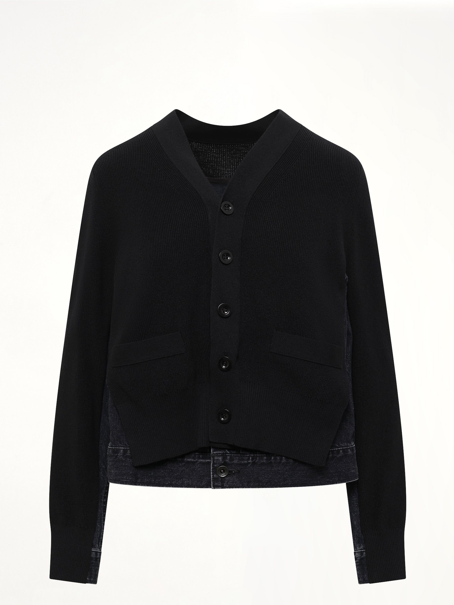 Long Sleeve Denim x Knit Cardigan in Black