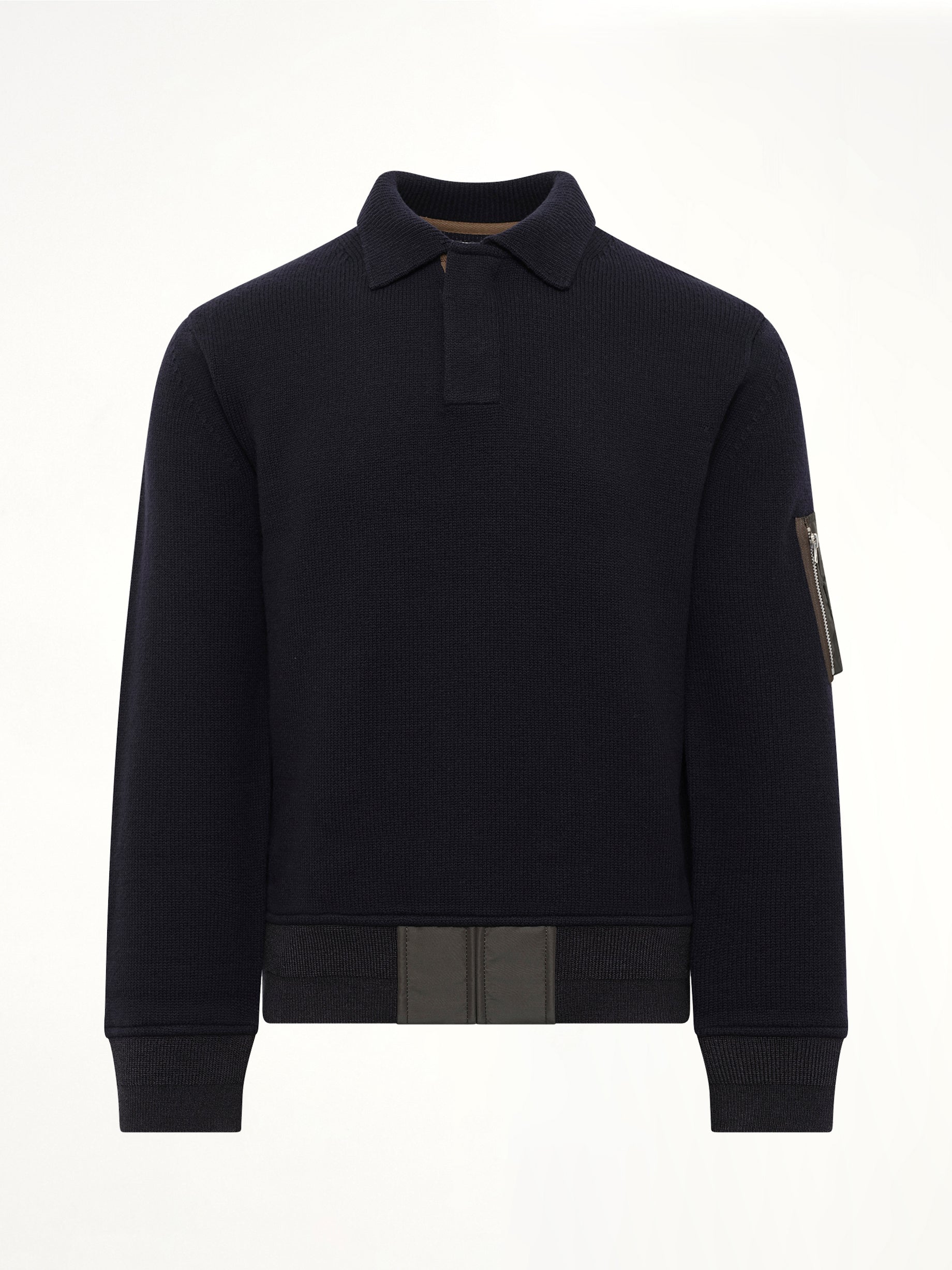 Wool Knit Polo Shirt in Navy/Dark Khaki