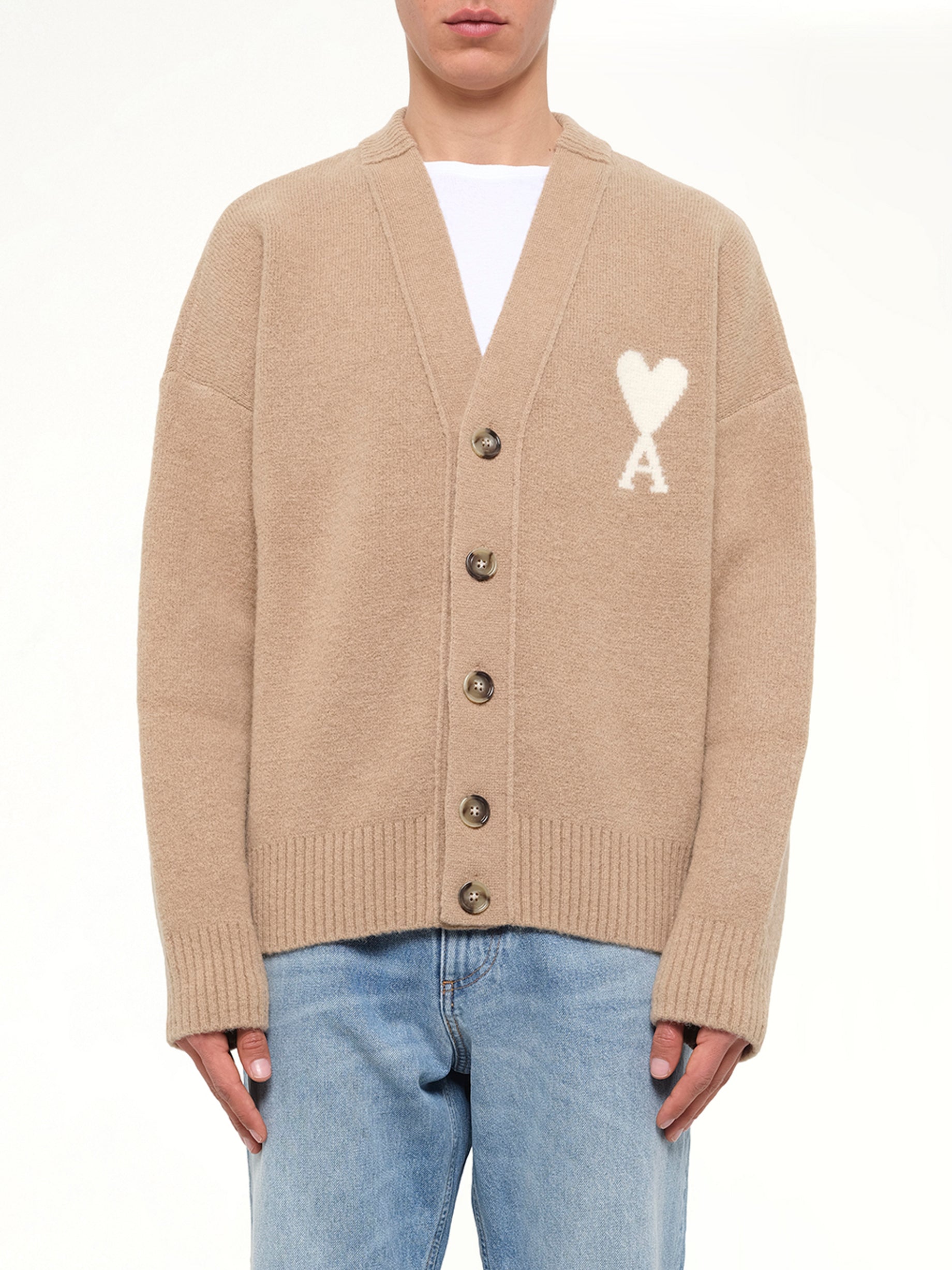 Ami De Coeur V Neck Cardigan in Beige