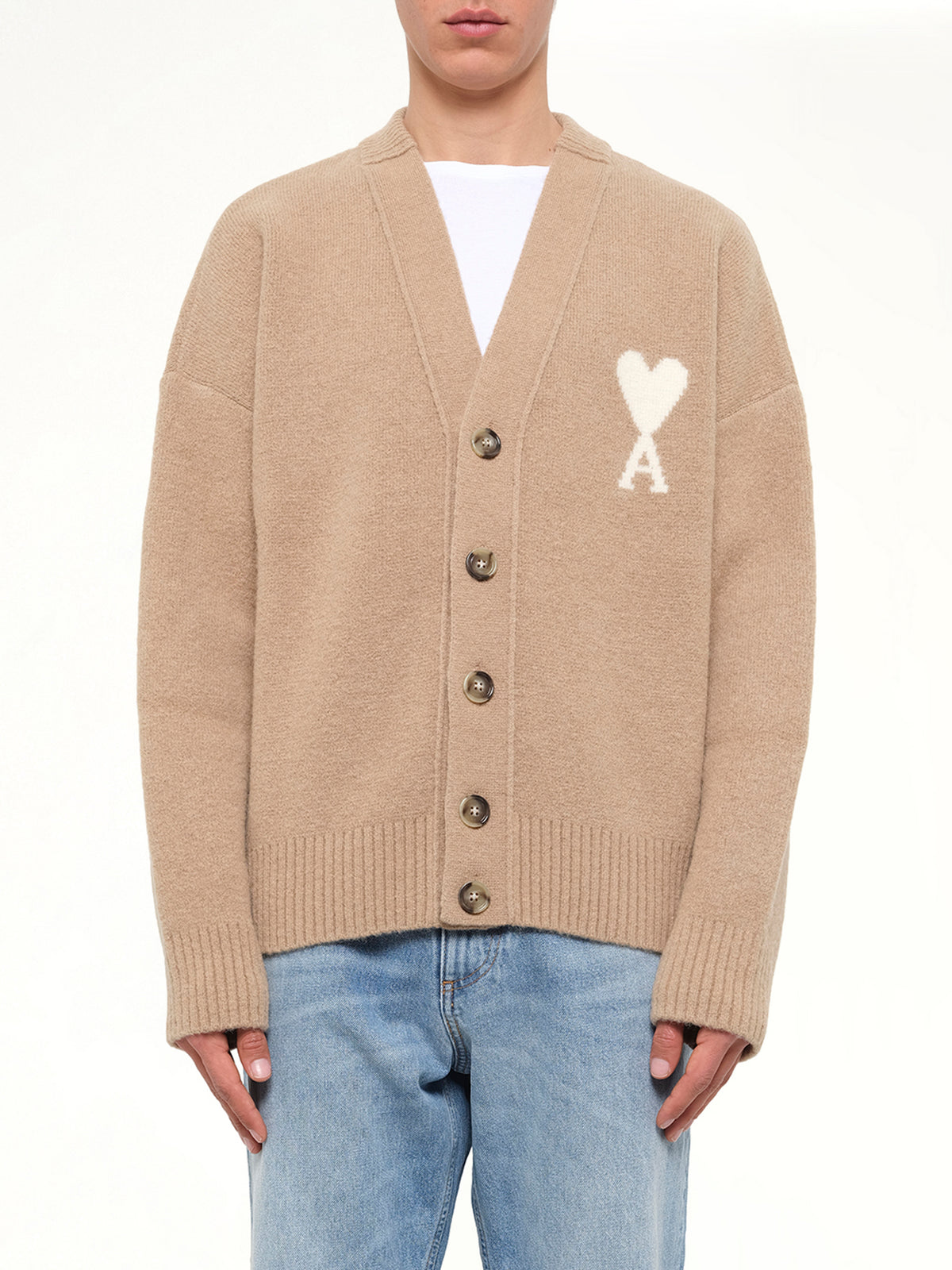 Ami De Coeur V Neck Cardigan in Beige