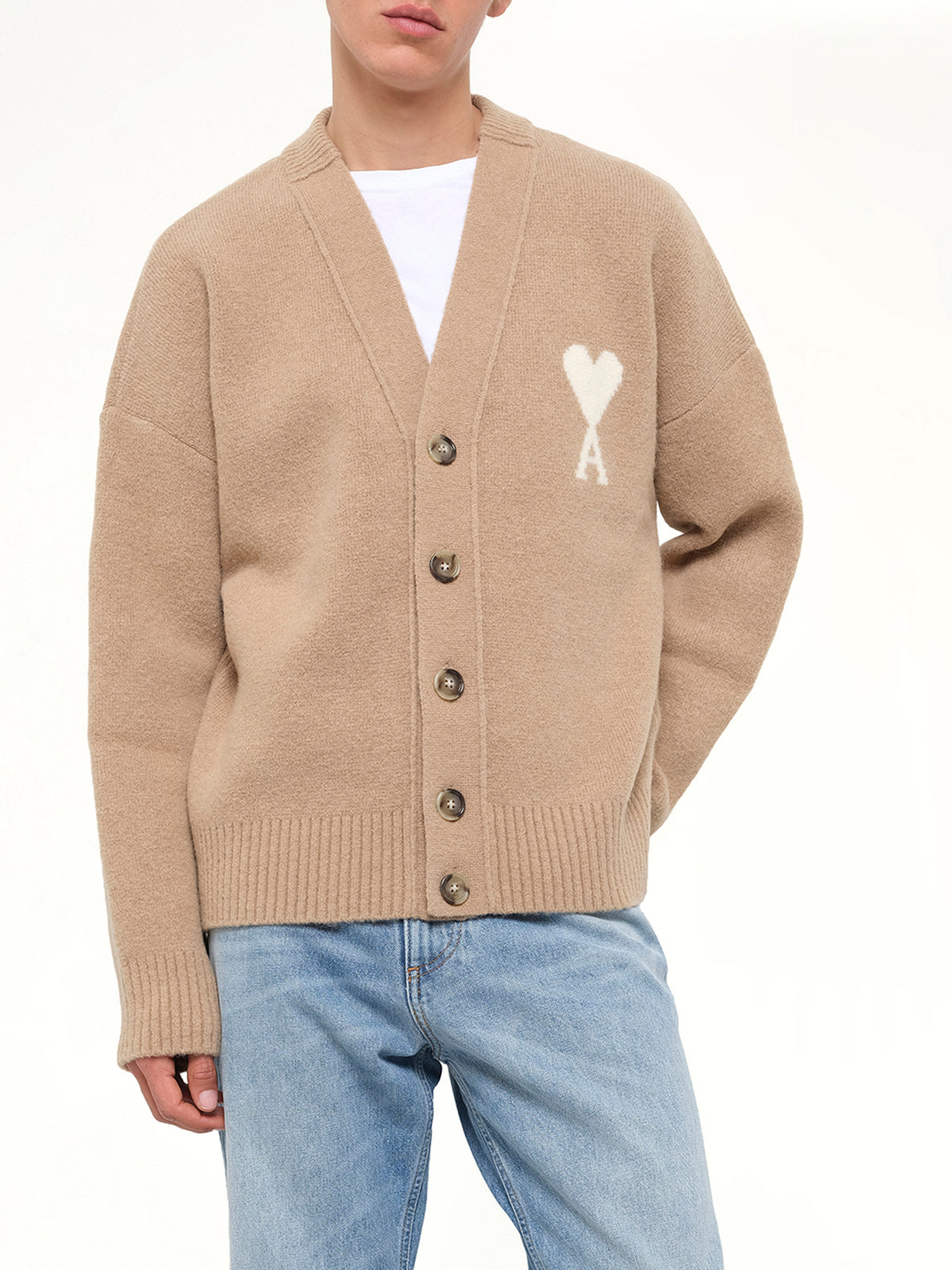 Ami De Coeur V Neck Cardigan in Beige