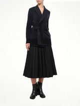 Double-Faced Herringbone x Wool Knit Cardigan in Navy